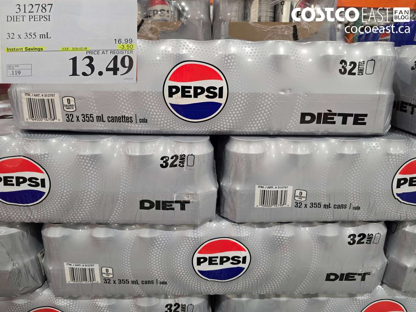 312787 DIET PEPSI 32 X 355 ML ($3.50 INSTANT SAVINGS EXPIRES ON 2026-02-08) $13.49