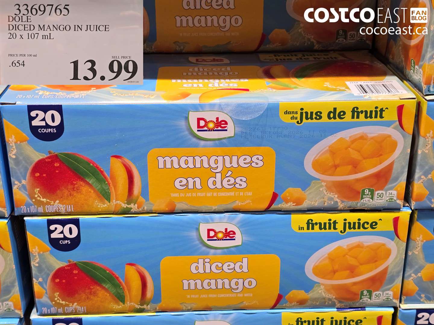 3369765 DOLE DICED MANGO IN JUICE 20 x 107 mL $13.99
