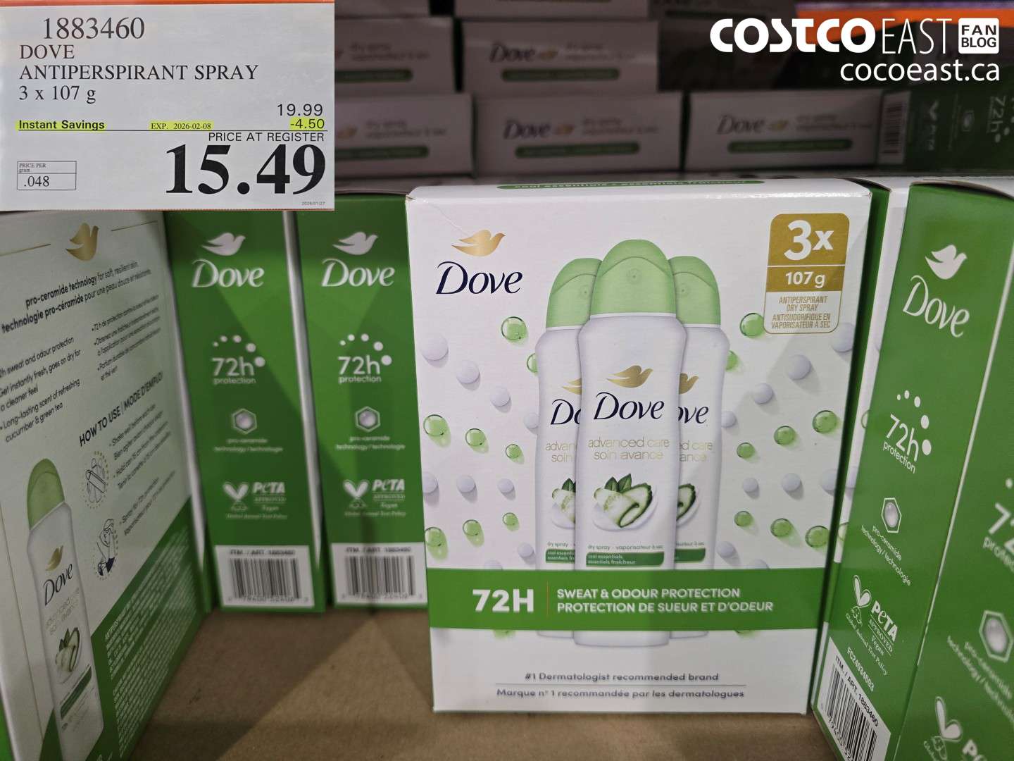 1883460 DOVE ANTIPERSPIRANT SPRAY 3 x 107 g ($4.50 INSTANT SAVINGS EXPIRES ON 2026-02-08) $15.49