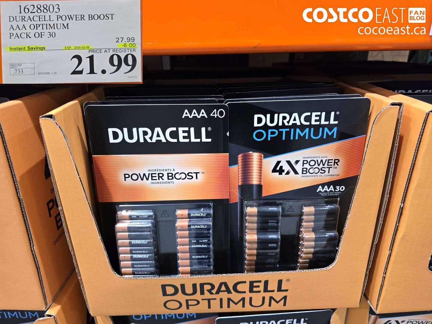 1628803 DURACELL POWER BOOST AAA OPTIMUM PACK OF 30 ($6.00 INSTANT SAVINGS EXPIRES ON 2026-02-08) $21.99