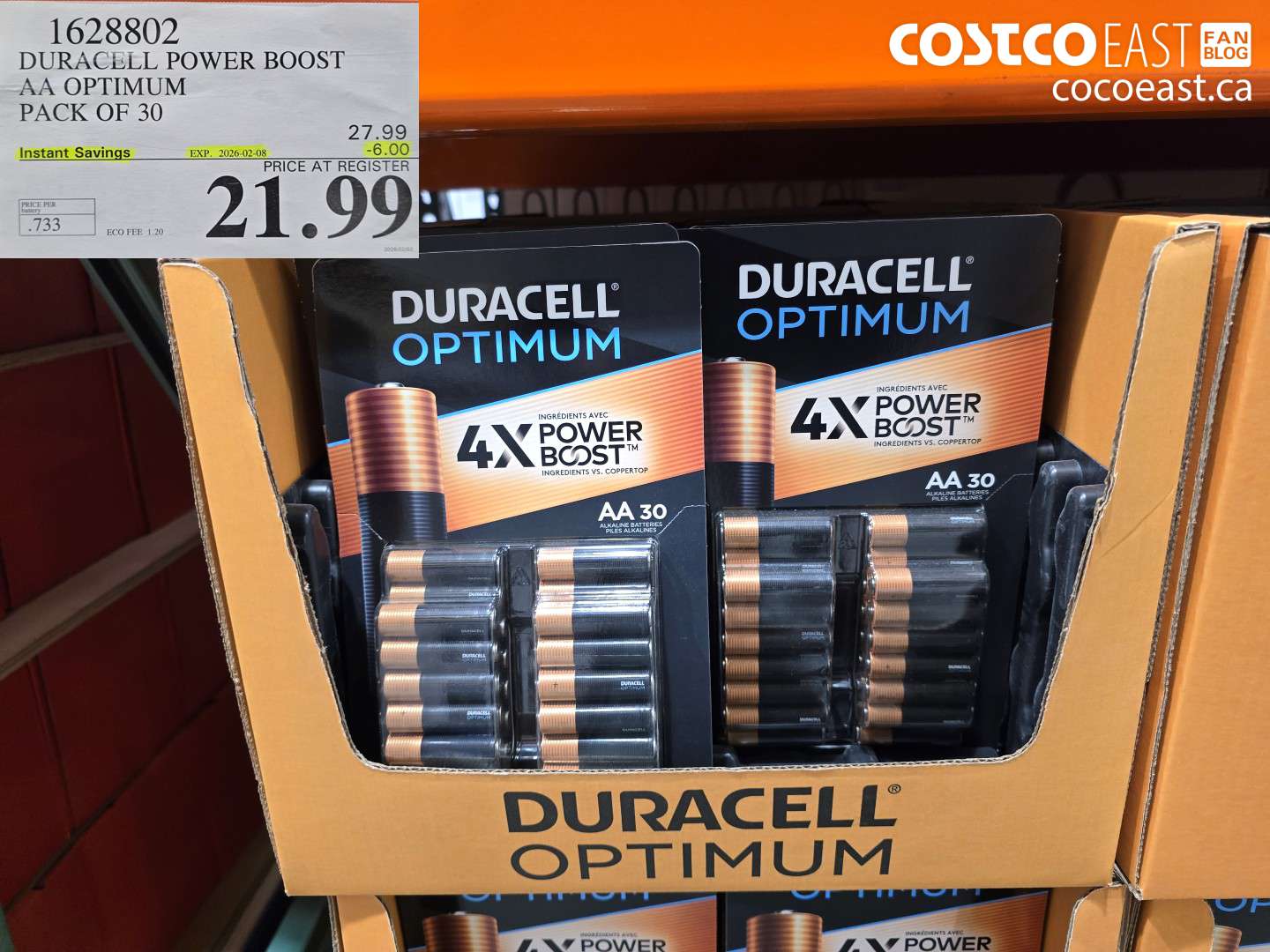 1628802 DURACELL POWER BOOST AA OPTIMUM PACK OF 30 ($6.00 INSTANT SAVINGS EXPIRES ON 2026-02-08) $21.99