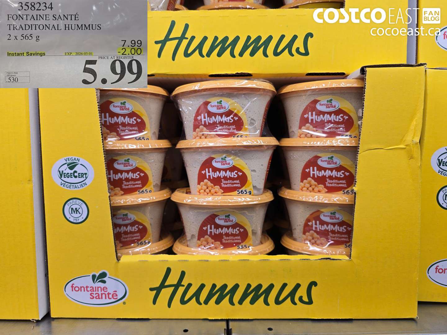 358234 FONTAINE SANTÉ TRADITIONAL HUMMUS 2 X 565 G ($2.00 INSTANT SAVINGS EXPIRES ON 2026-03-01) $5.99