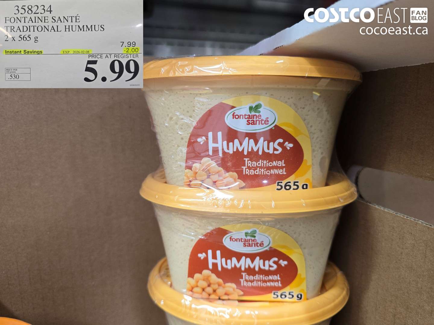 358234 FONTAINE SANTE TRADITIONAL HUMMUS 2 x 565 G ($2.00 INSTANT SAVINGS EXPIRES ON 2026-02-08) $5.99