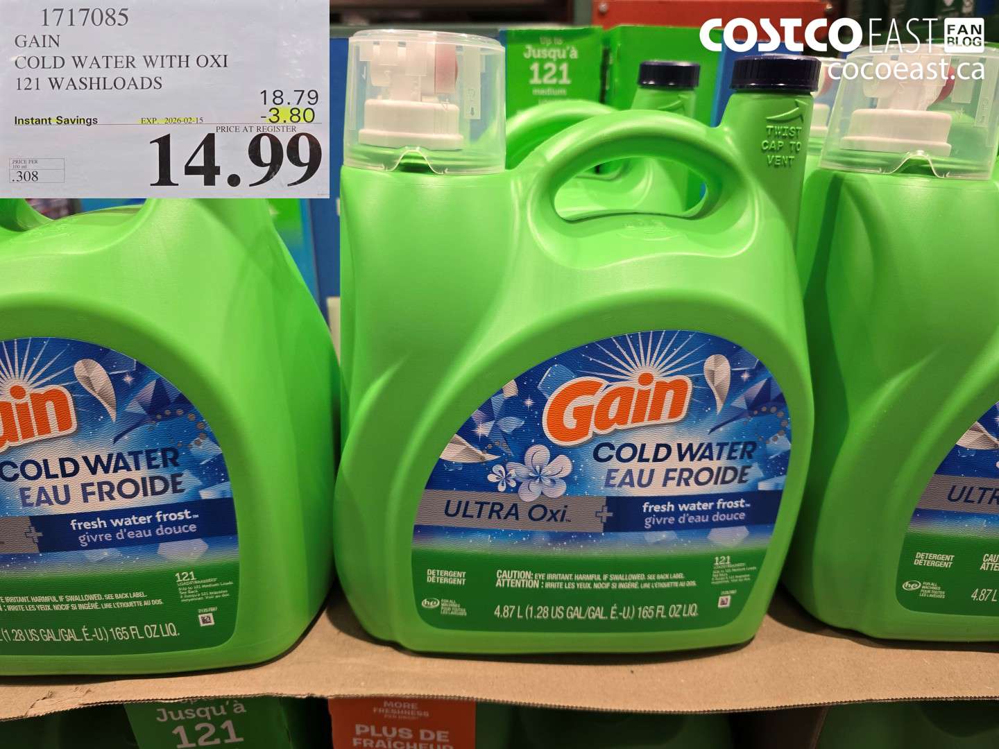 1717085 GAIN COLD WATER WITH OXI 121 WASHLOADS ($3.80 INSTANT SAVINGS EXPIRES ON 2026-02-15) $14.99