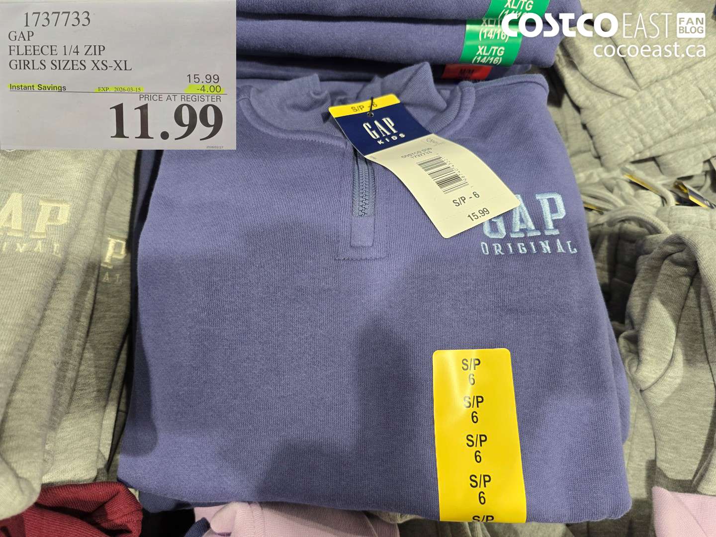 1737733 GAP FLEECE 1/4 ZIP GIRLS SIZES XS-XL ($4.00 INSTANT SAVINGS EXPIRES ON 2026-03-15) $11.99