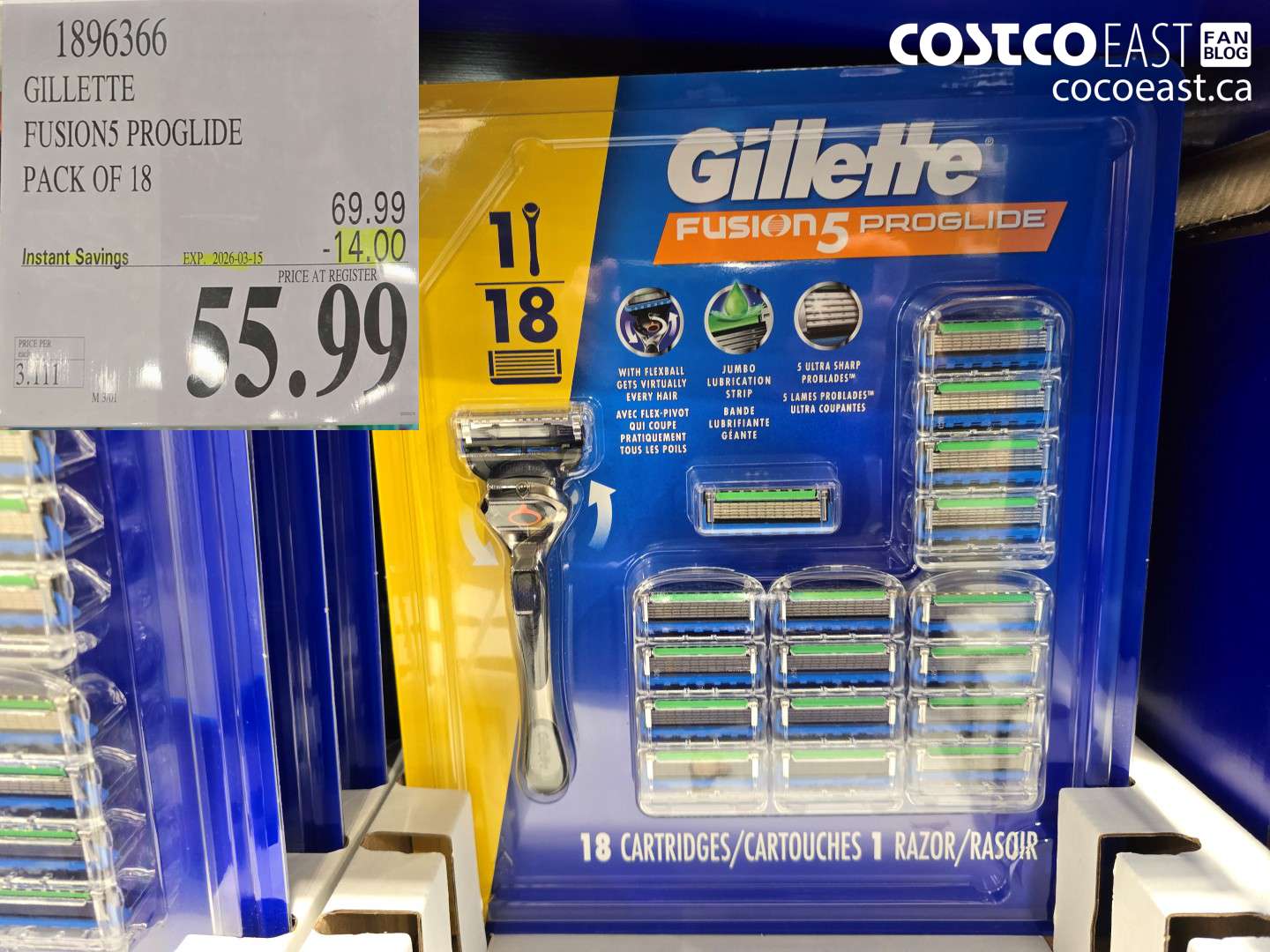 1896366 GILLETTE FUSION5 PROGLIDE PACK OF 18 ($14.00 INSTANT SAVINGS EXPIRES ON 2026-03-15) $55.99