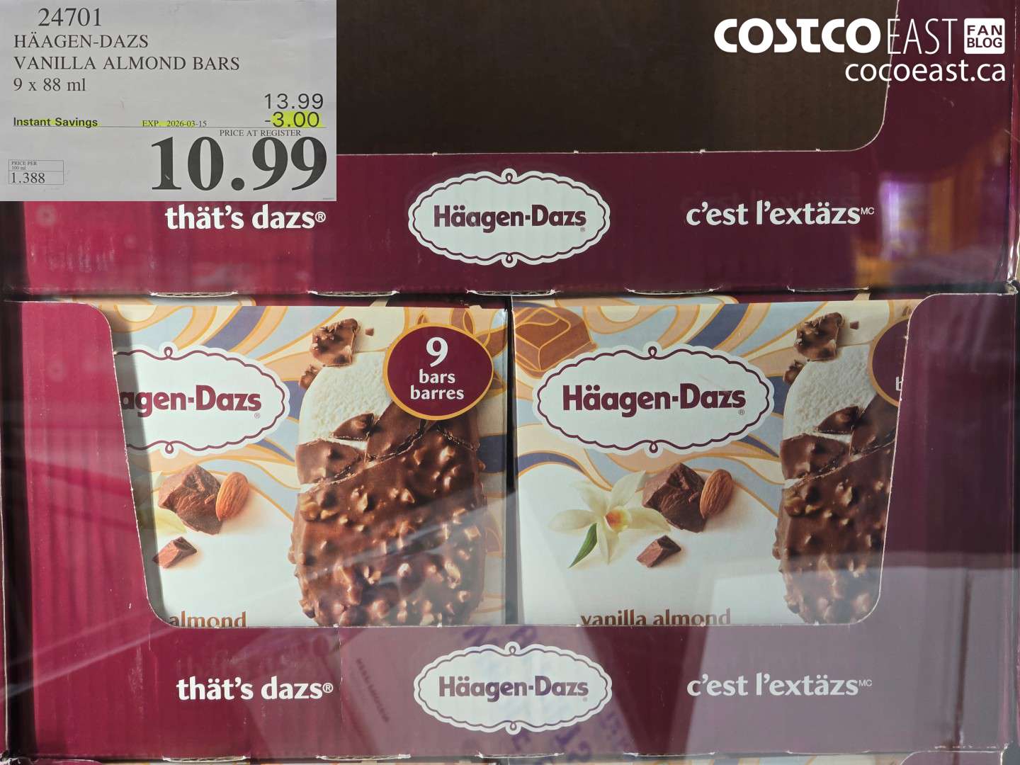 24701 HAAGEN-DAZS VANILLA ALMOND BARS 9 x 88 ml ($3.00 INSTANT SAVINGS EXPIRES ON 2026-03-15) $10.99