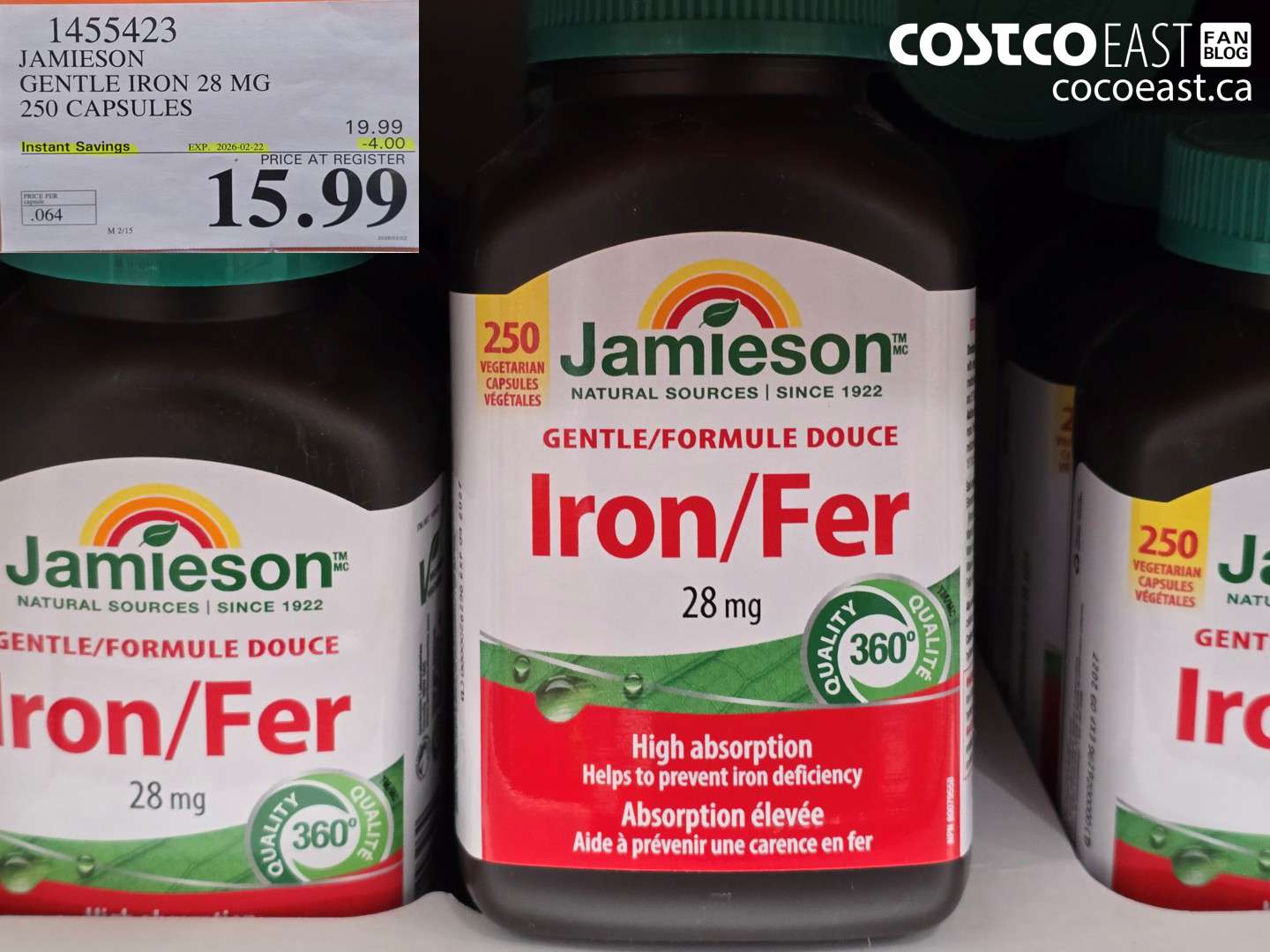 1455423 JAMIESON GENTLE IRON 28 MG 250 CAPSULES ($4.00 INSTANT SAVINGS EXPIRES ON 2026-02-22) $15.99