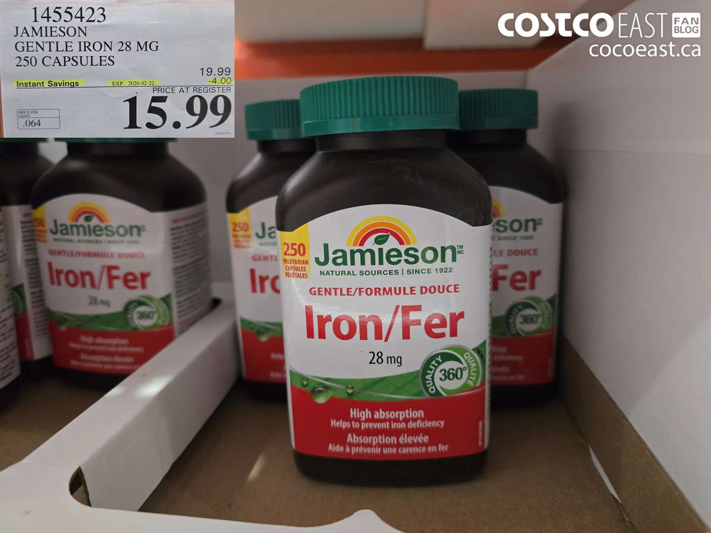 1455423 JAMIESON GENTLE IRON 28 MG 250 CAPSULES ($4.00 INSTANT SAVINGS EXPIRES ON 2026-02-22) $15.99