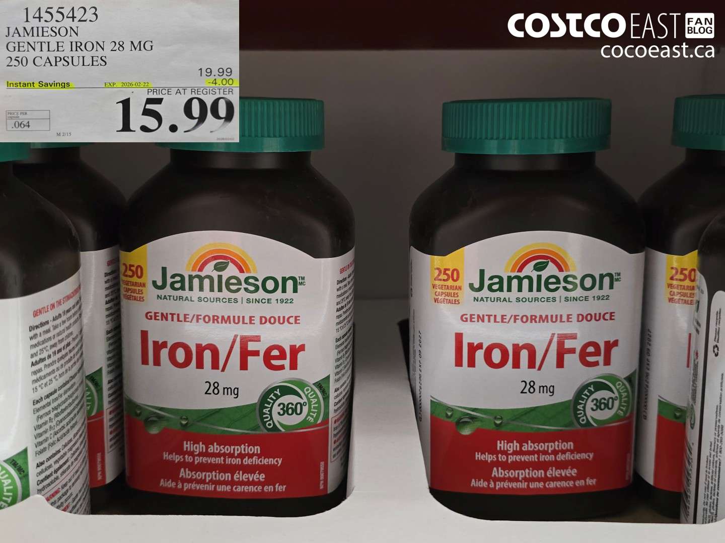 1455423 JAMIESON GENTLE IRON PLUS 28 MG 250 CAPSULES ($4.00 INSTANT SAVINGS EXPIRES ON 2026-02-22) $15.99
