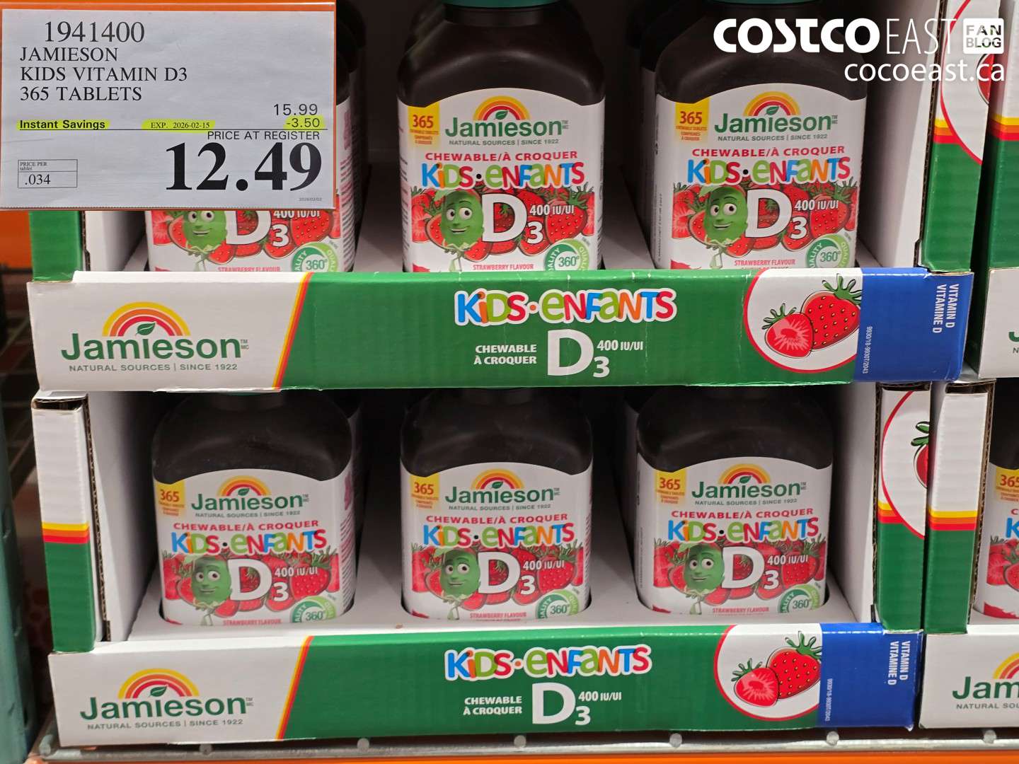 1941400 JAMIESON KIDS VITAMIN D3 365 TABLETS ($3.50 INSTANT SAVINGS EXPIRES ON 2026-02-15) $12.49