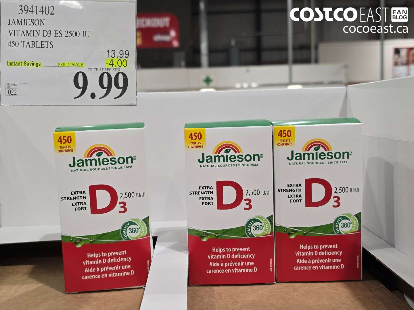 3941402 JAMIESON VITAMIN D3 2500 IU 450 TABLETS ($4.00 INSTANT SAVINGS EXPIRES ON 2026-02-15) $9.99