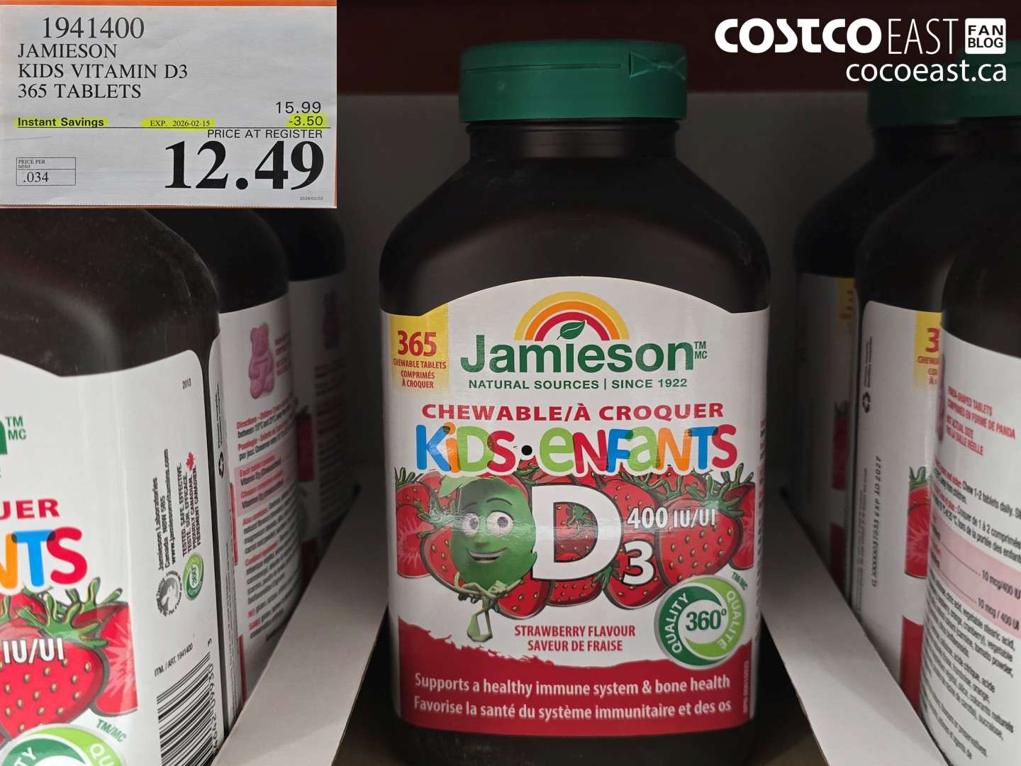 1941400 JAMIESON VITAMIN D3 FOR KIDS 365 TABLETS ($3.50 INSTANT SAVINGS EXPIRES ON 2026-02-15) $12.49