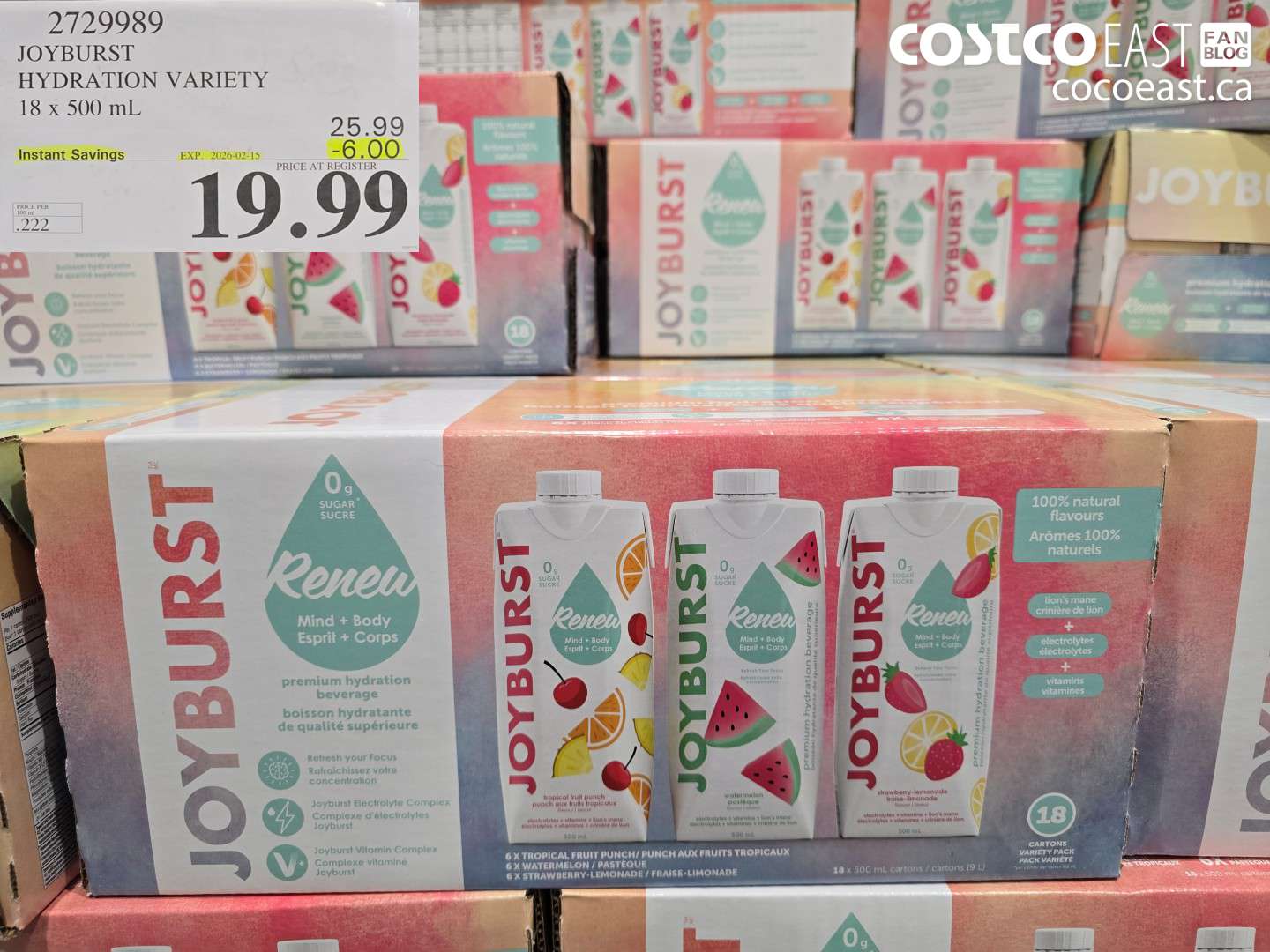 2729989 JOYBURST HYDRATION VARIETY 18 x 500 mL ($6.00 INSTANT SAVINGS EXPIRES ON 2026-02-15) $19.99