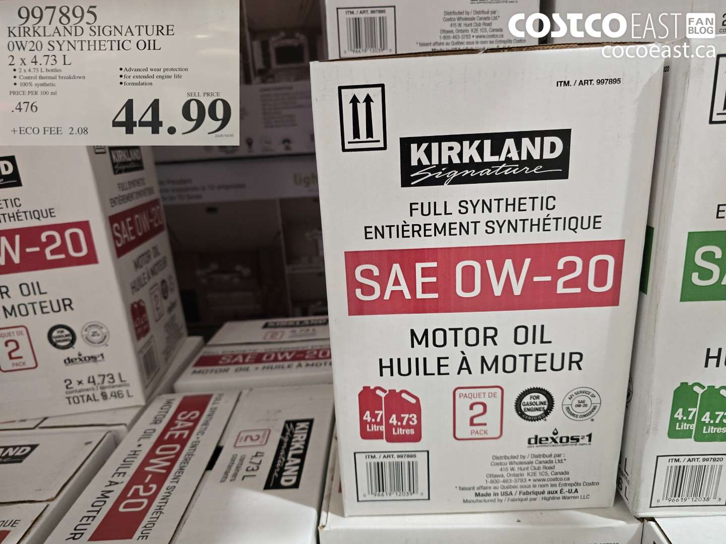 997895 KIRKLAND SIGNATURE 0W20 SYNTHETIC OIL 2 x 4.73 L $44.99