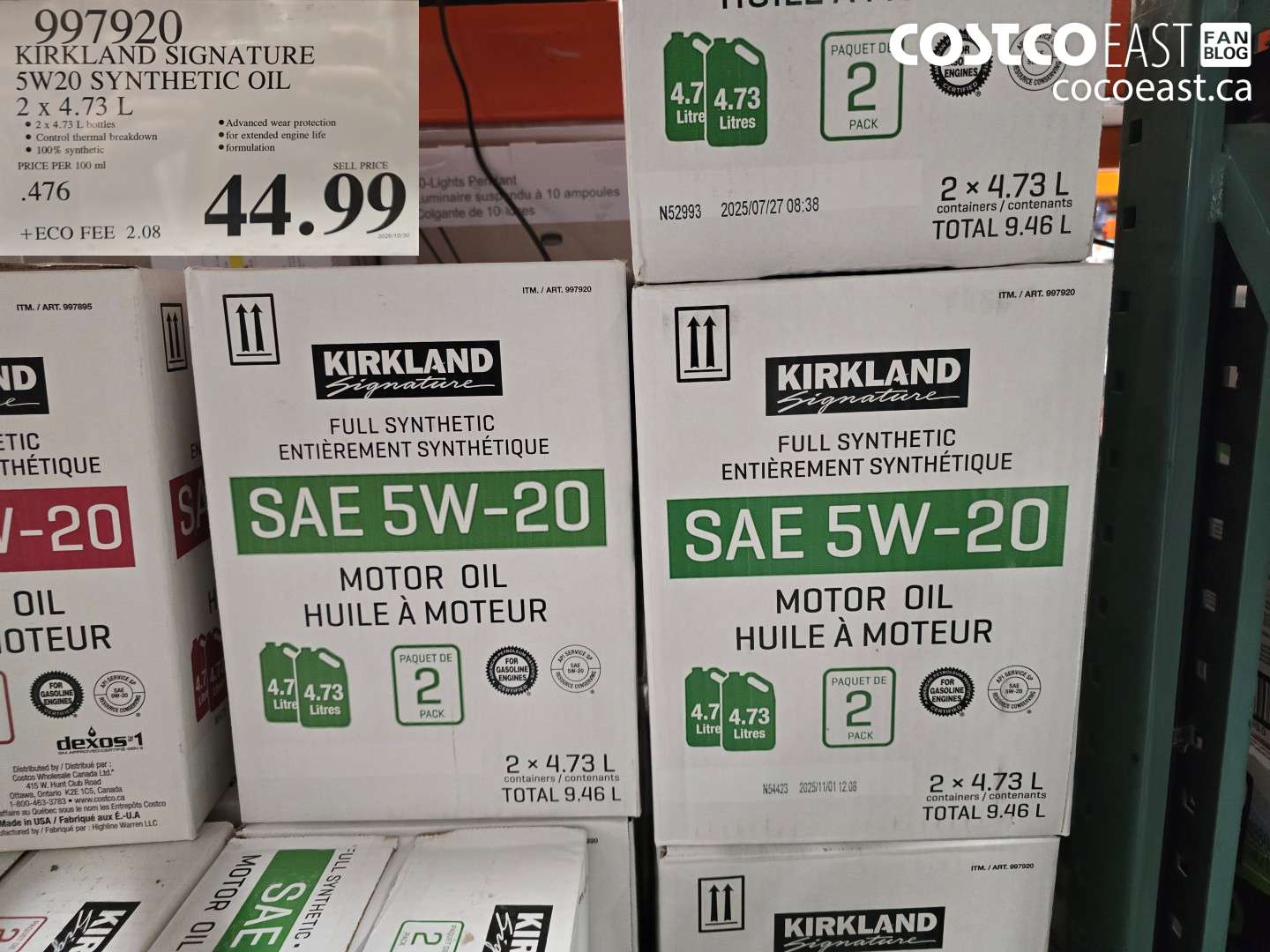 997920 KIRKLAND SIGNATURE 5W20 SYNTHETIC OIL 2 x 4.73 L $44.99