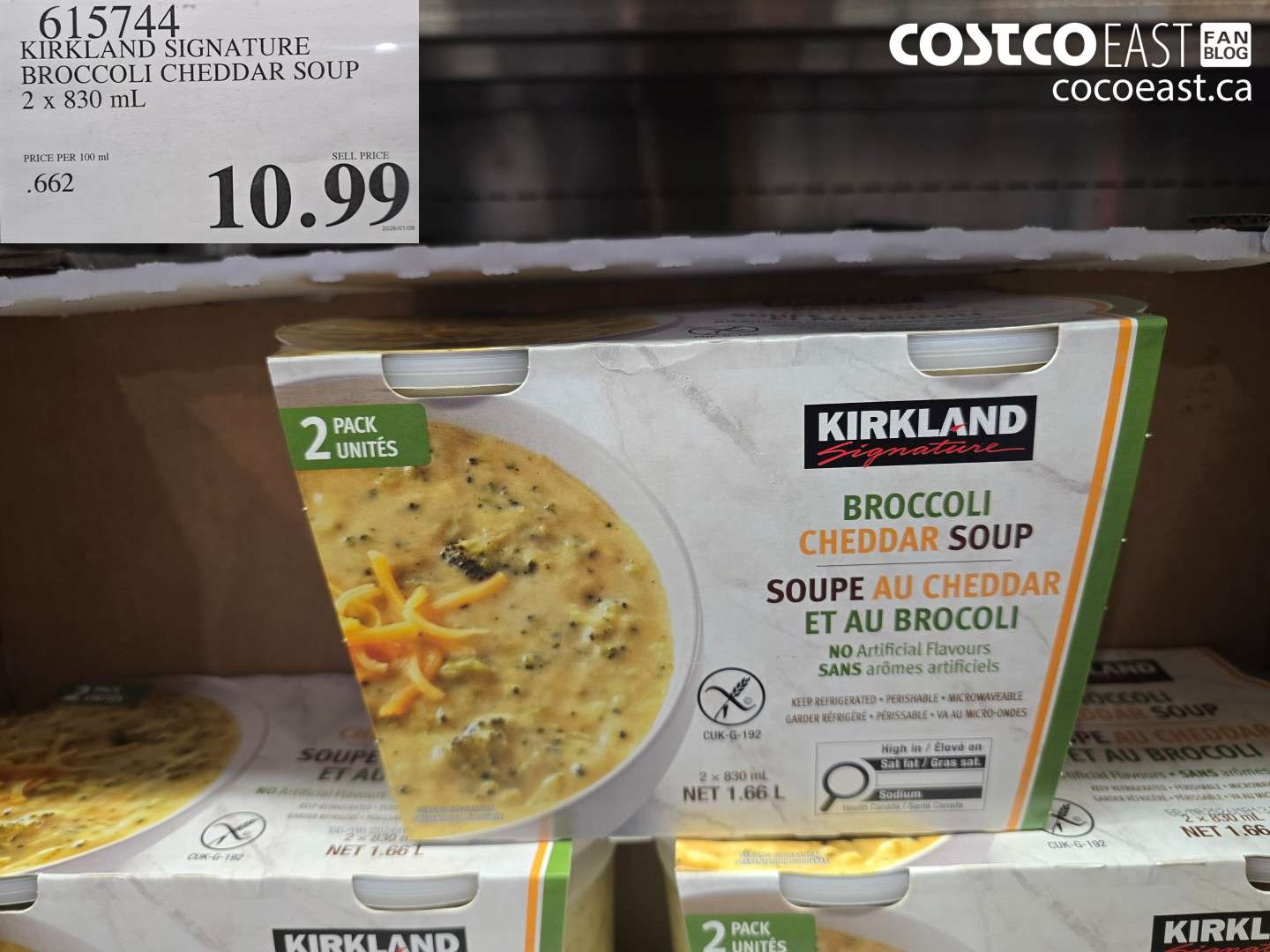 615744 KIRKLAND SIGNATURE BROCCOLI CHEDDAR SOUP 2 X 830 ML $10.99