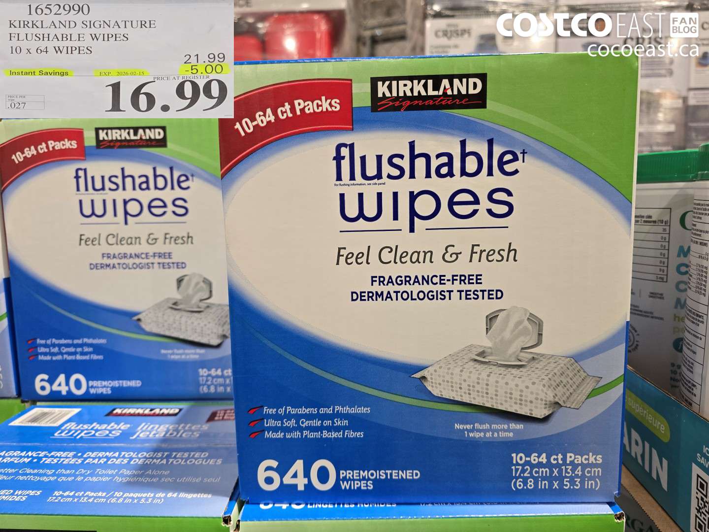 1652990 KIRKLAND SIGNATURE FLUSHABLE WIPES 10 x 64 WIPES ($5.00 INSTANT SAVINGS EXPIRES ON 2026-02-15) $16.99