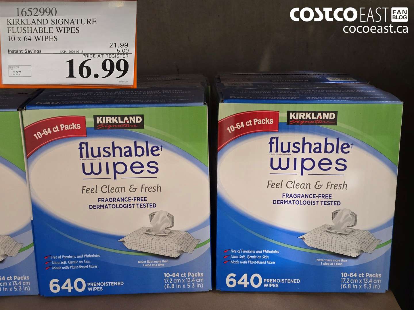 1652990 KIRKLAND SIGNATURE FLUSHABLE WIPES 10 x 64 WIPES ($5.00 INSTANT SAVINGS EXPIRES ON 2026-02-15) $16.99