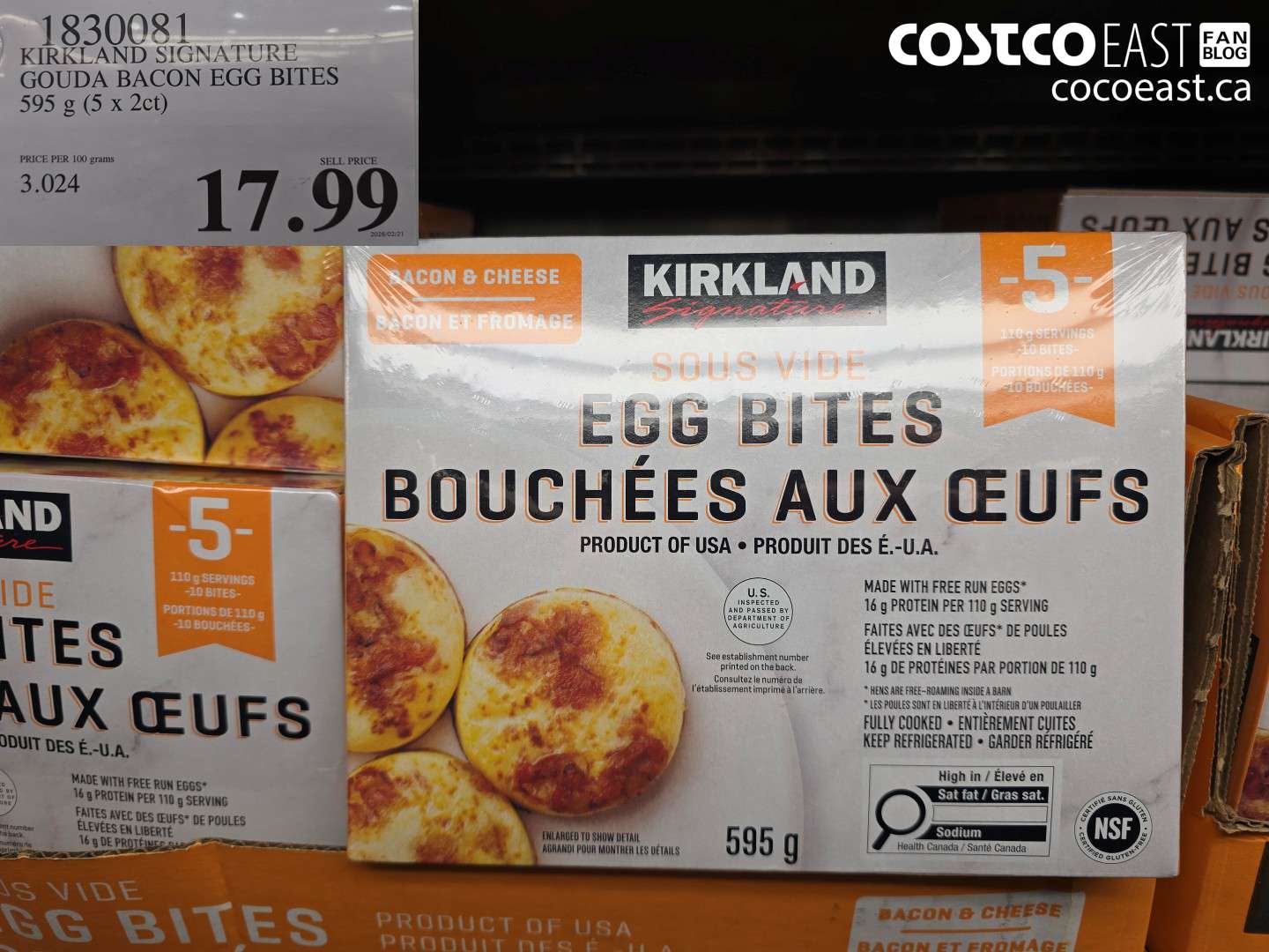 1830081 KIRKLAND SIGNATURE GOUDA BACON EGG BITES 595 G (5 X 2CT) $17.99
