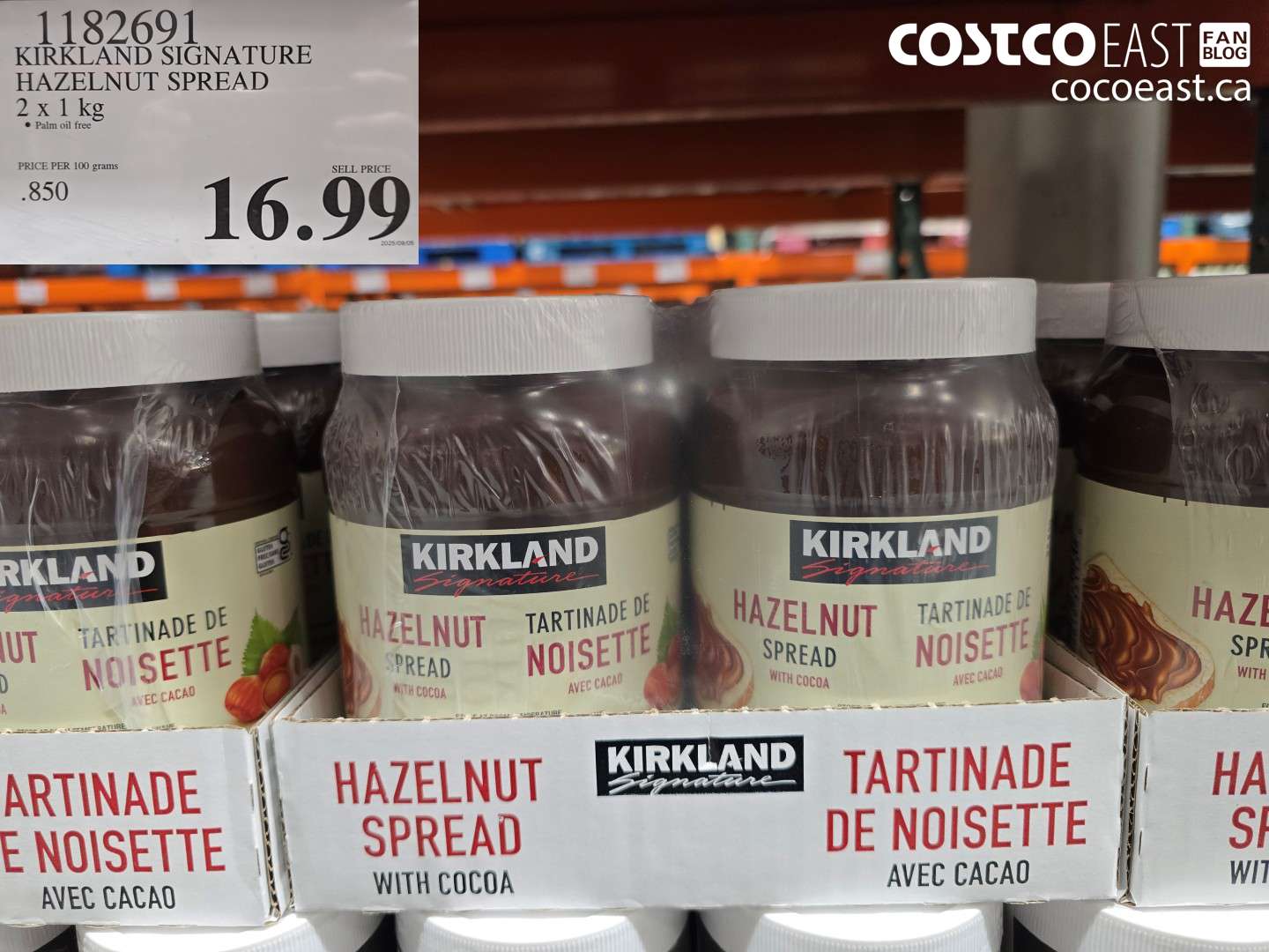 1182691 KIRKLAND SIGNATURE HAZELNUT SPREAD 2 X 1 KG $16.99