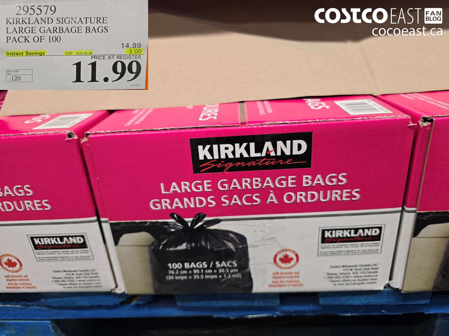 295579 KIRKLAND SIGNATURE LARGE GARBAGE BAGS PACK OF 100 ($3.00 INSTANT SAVINGS EXPIRES ON 2026-02-08) $11.99