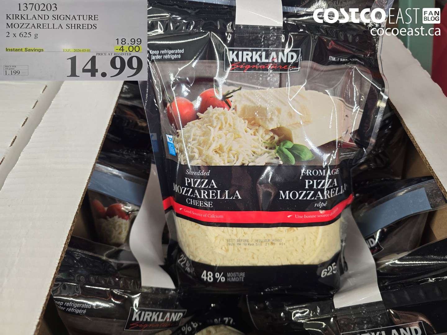1370203 KIRKLAND SIGNATURE MOZZARELLA SHREDS 2 X 625 G ($4.00 INSTANT SAVINGS EXPIRES ON 2026-03-01) $14.99