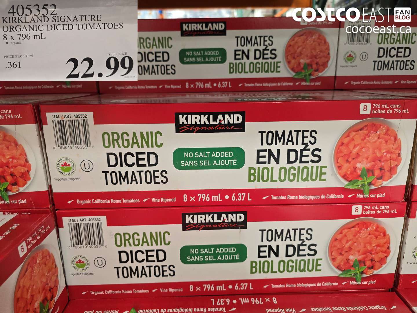 405352 KIRKLAND SIGNATURE ORGANIC DICED TOMATOES 8 x 796 mL $22.99