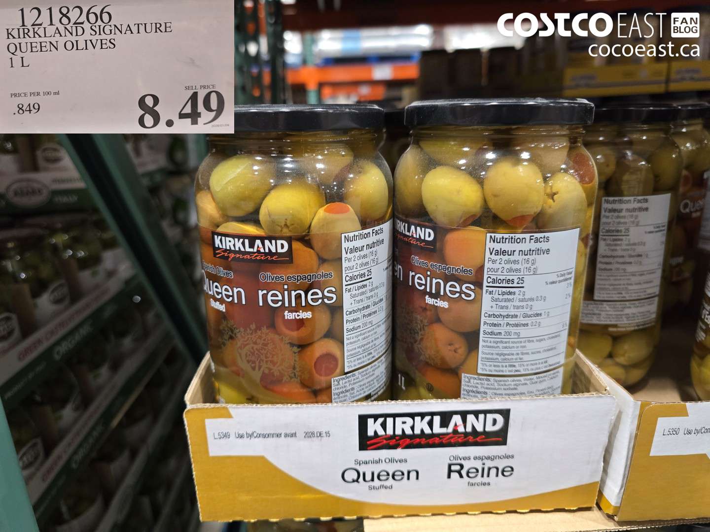 1218266 KIRKLAND SIGNATURE QUEEN OLIVES 1 L $8.49