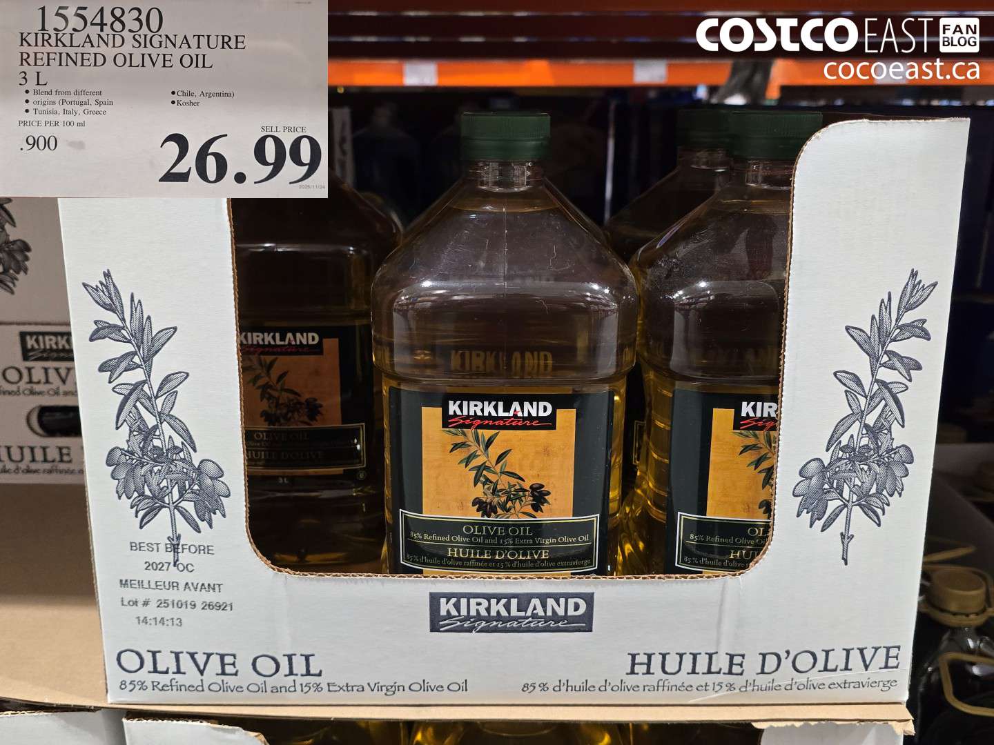 1554830 KIRKLAND SIGNATURE REFINED OLIVE OIL 3L $26.99