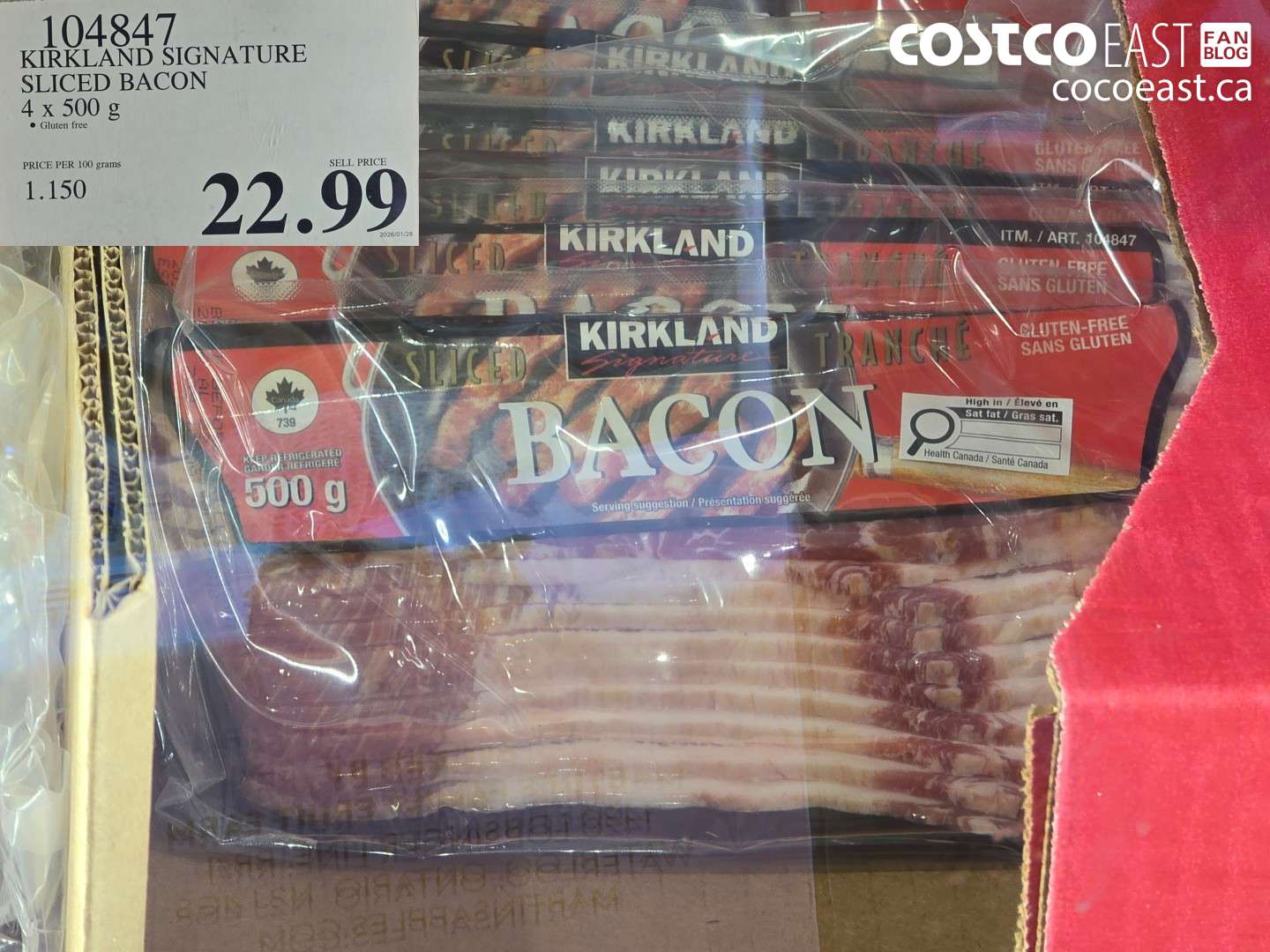 104847 KIRKLAND SIGNATURE SLICED BACON 4 X 500 G $22.99