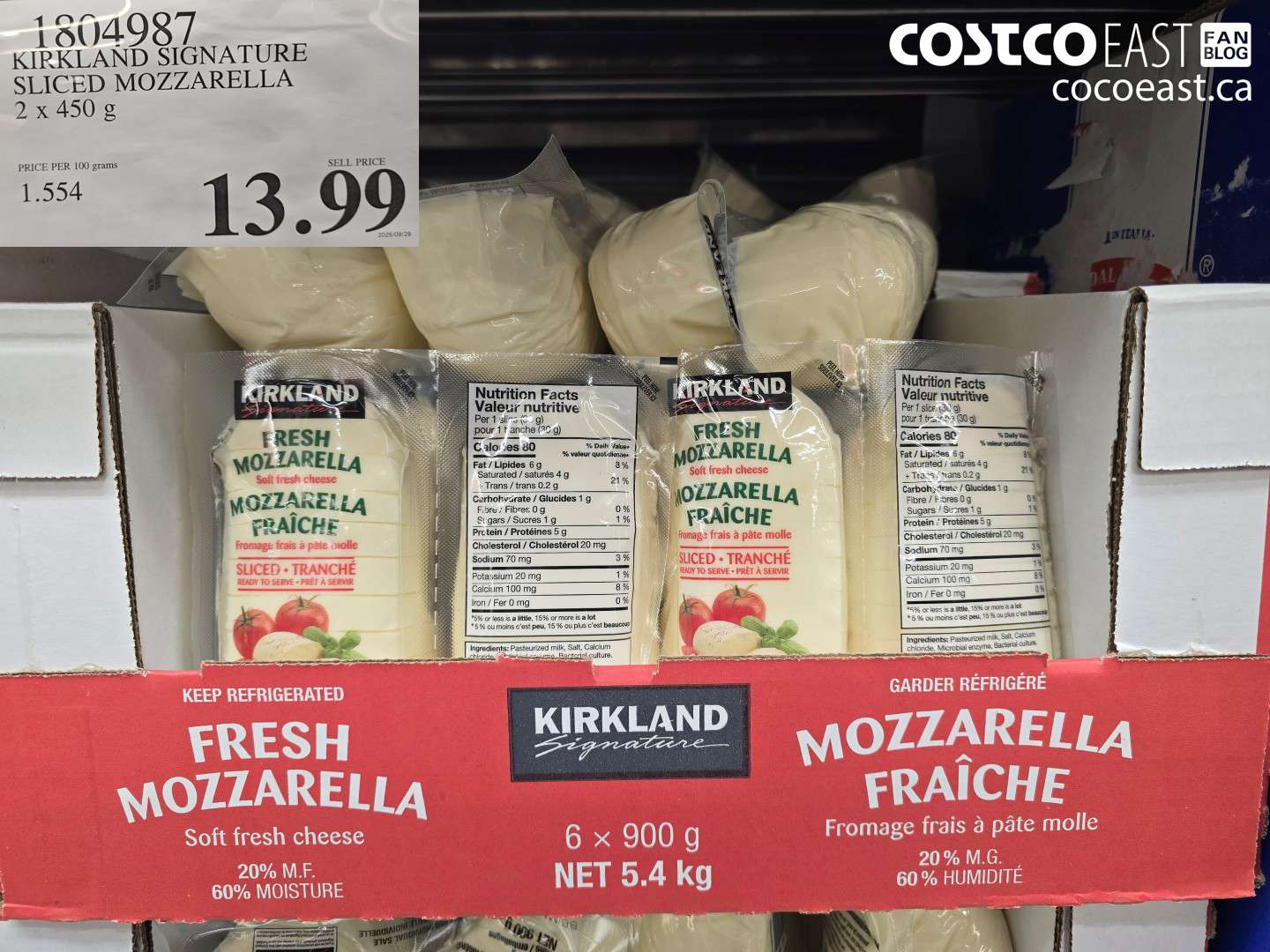 1804987 KIRKLAND SIGNATURE SLICED MOZZARELLA 2 X 450 G $13.99