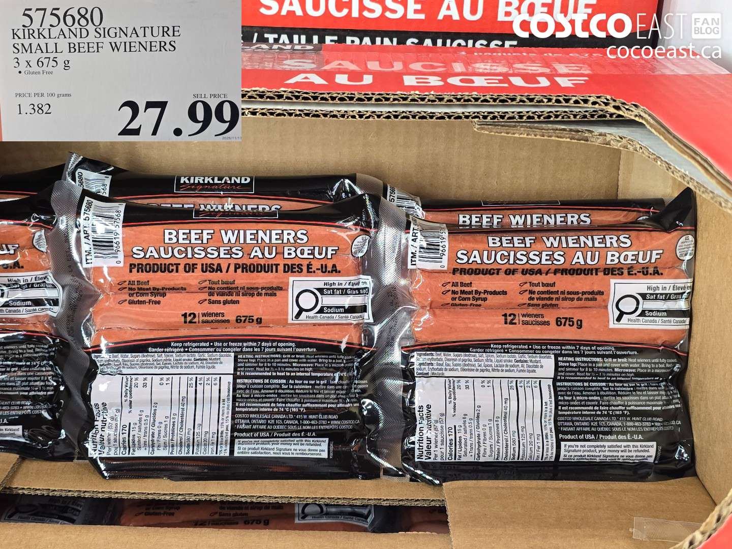 575680 KIRKLAND SIGNATURE SMALL BEEF WIENERS 3 X 675 G $27.99