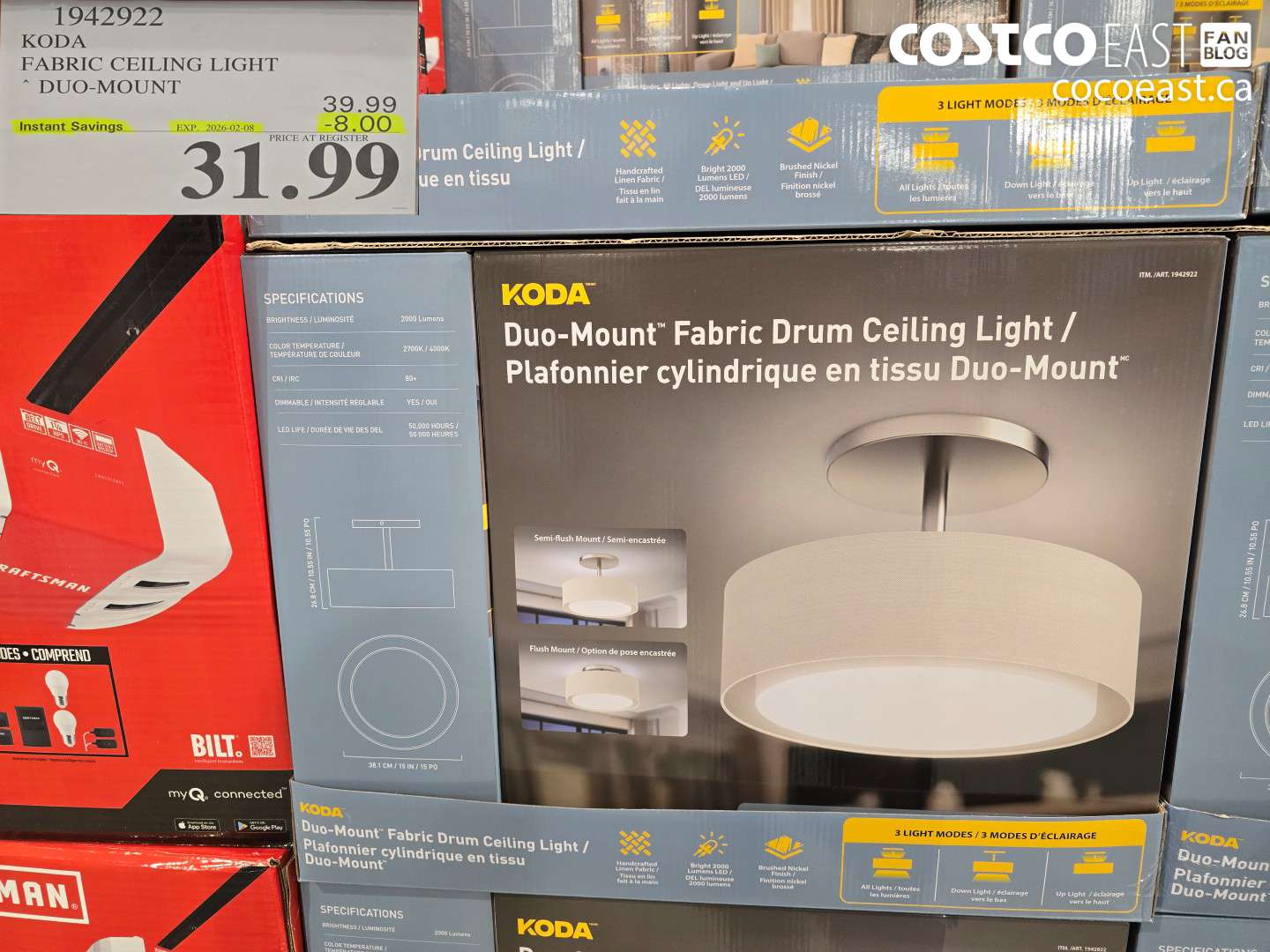 1942922 KODA FABRIC CEILING LIGHT DUO MOUNT ($8.00 INSTANT SAVINGS EXPIRES ON 2026-02-08) $31.99