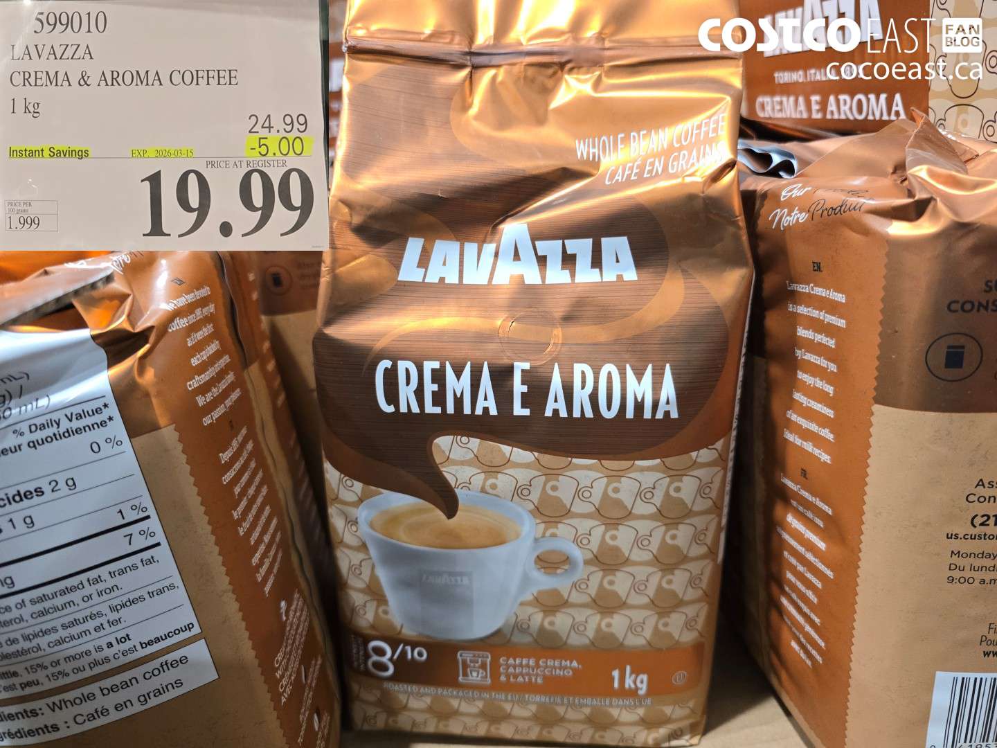 599010 LAVAZZA CREMA & AROMA COFFEE 1 kg ($5.00 INSTANT SAVINGS EXPIRES ON 2026-03-15) $19.99