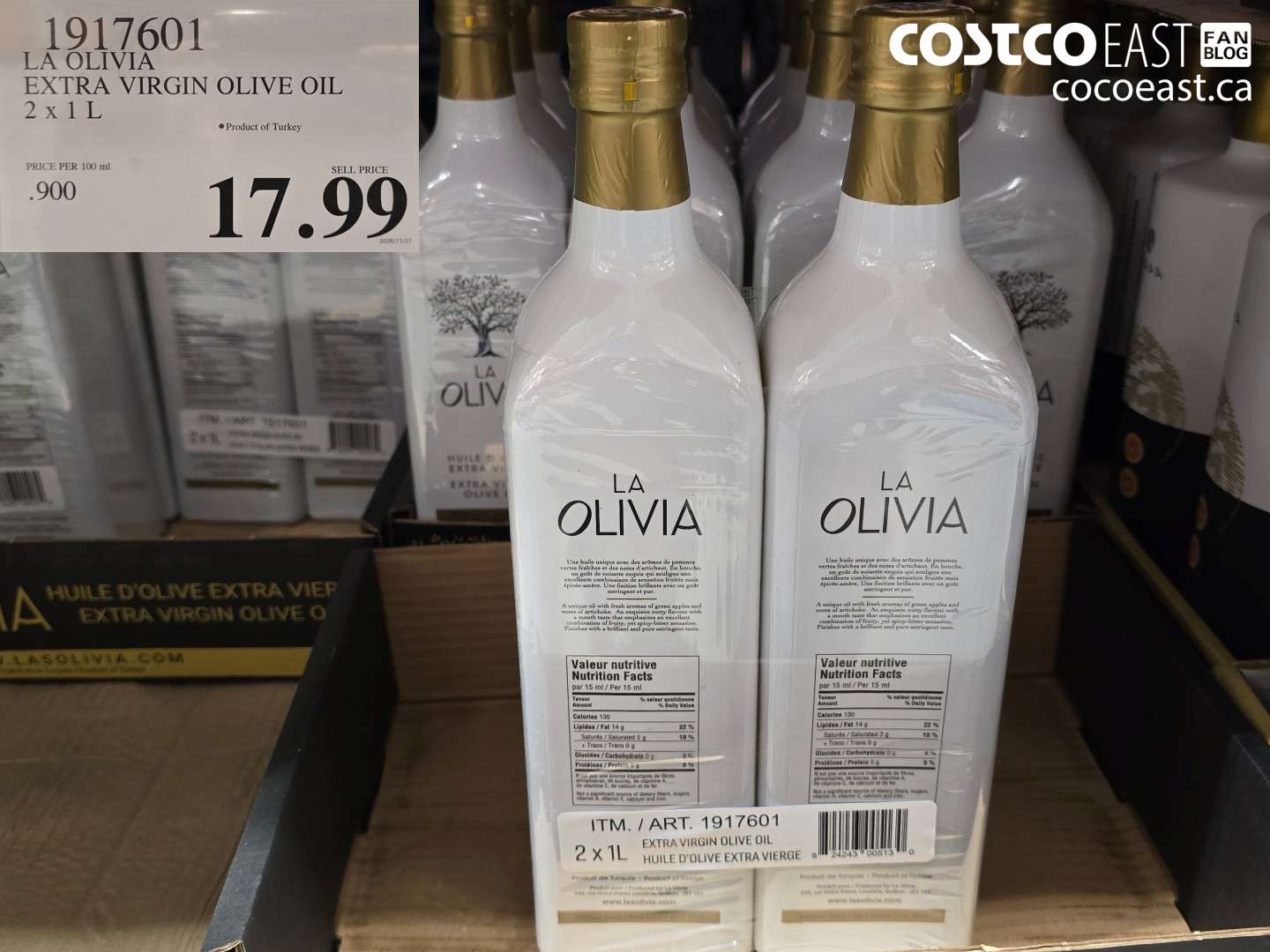 1917601 LA OLIVIA EXTRA VIRGIN OLIVE OIL 2 X 1 L $17.99