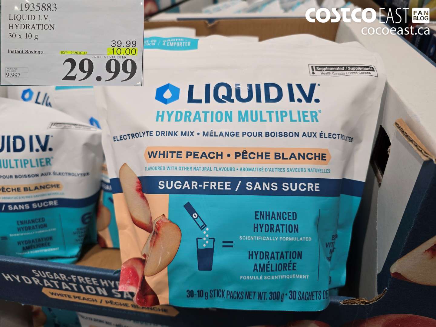 1935883 LIQUID IV SUGAR FREE WHITE PEACH 30 x 10 g ($10.00 INSTANT SAVINGS EXPIRES ON 2026-02-15) $29.99