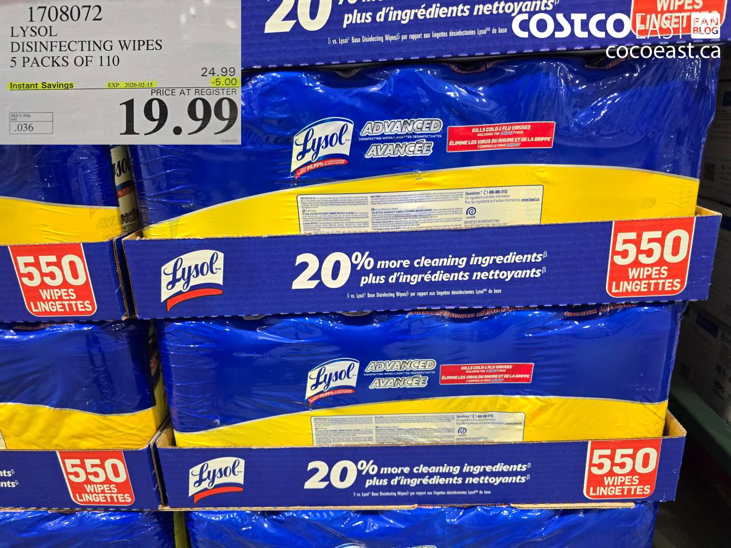 1708072 LYSOL DISINFECTING WIPES 5 PACKS OF 110 ($5.00 INSTANT SAVINGS EXPIRES ON 2026-02-15) $19.99
