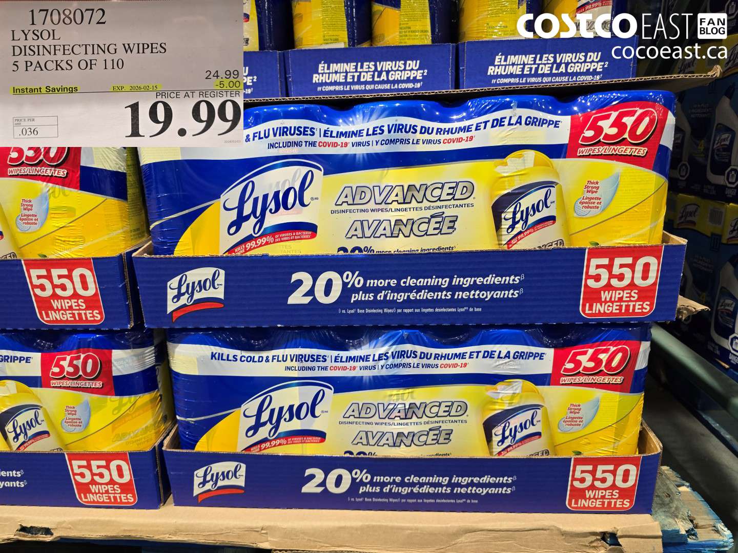 1708072 LYSOL DISINFECTING WIPES 5 PACKS OF 110 ($5.00 INSTANT SAVINGS EXPIRES ON 2026-02-15) $19.99