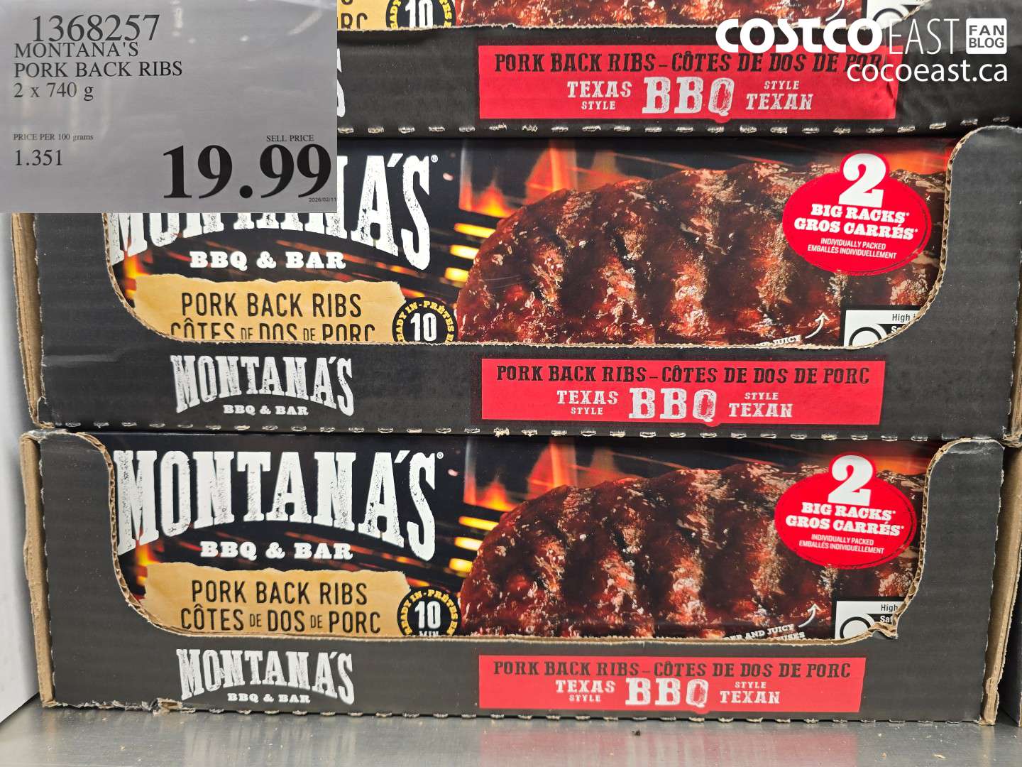 1368257 MONTANA'S PORK BACK RIBS 2 X 740 G $19.99
