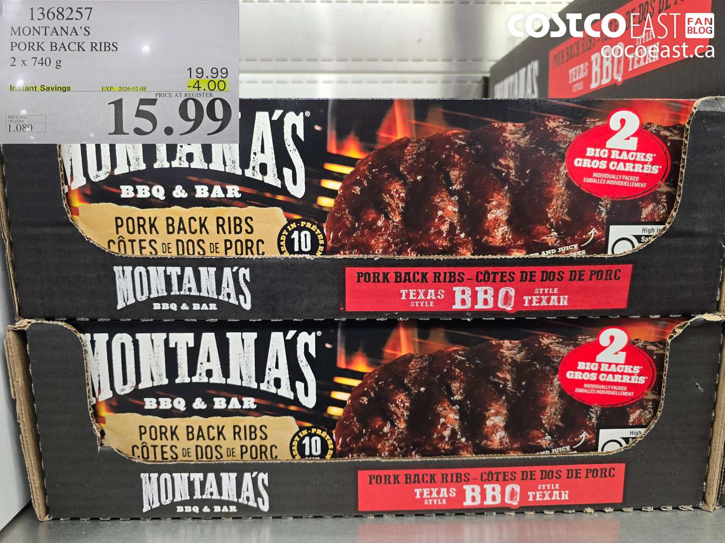 1368257 MONTANA'S PORK BACK RIBS 2 x 740 g ($4.00 INSTANT SAVINGS EXPIRES ON 2026-02-08) $15.99