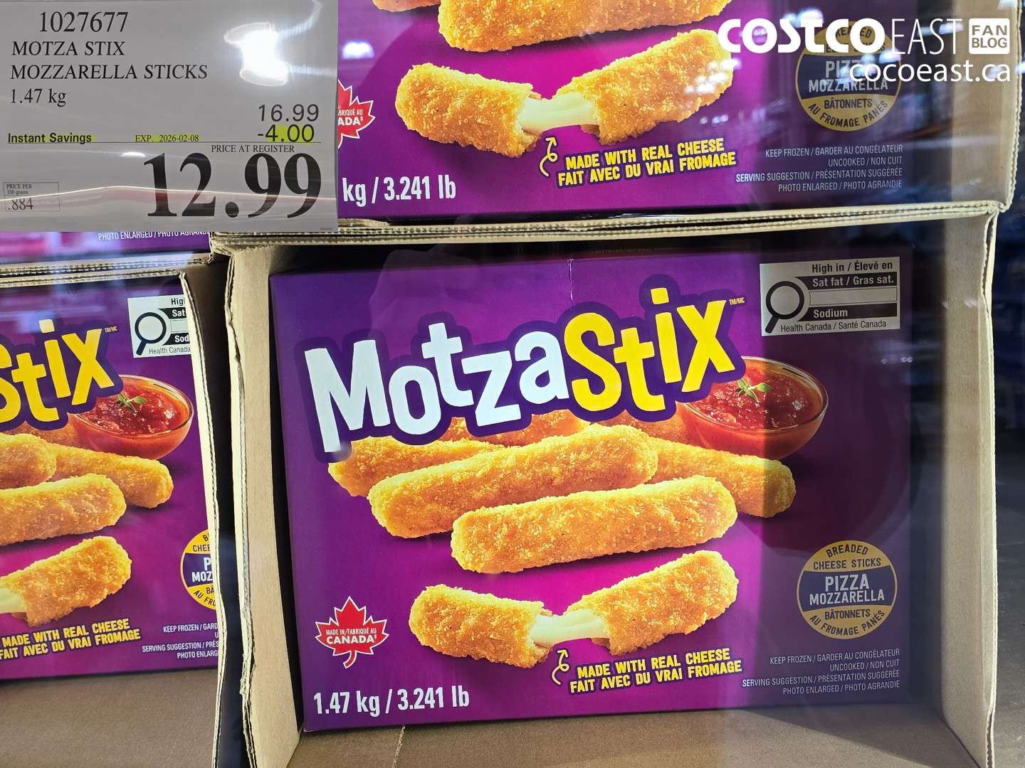 1027677 MOTZA STIX MOZZARELLA STICKS 1.47 KG  ($4.00 INSTANT SAVINGS EXPIRES ON 2026-02-08) $12.99