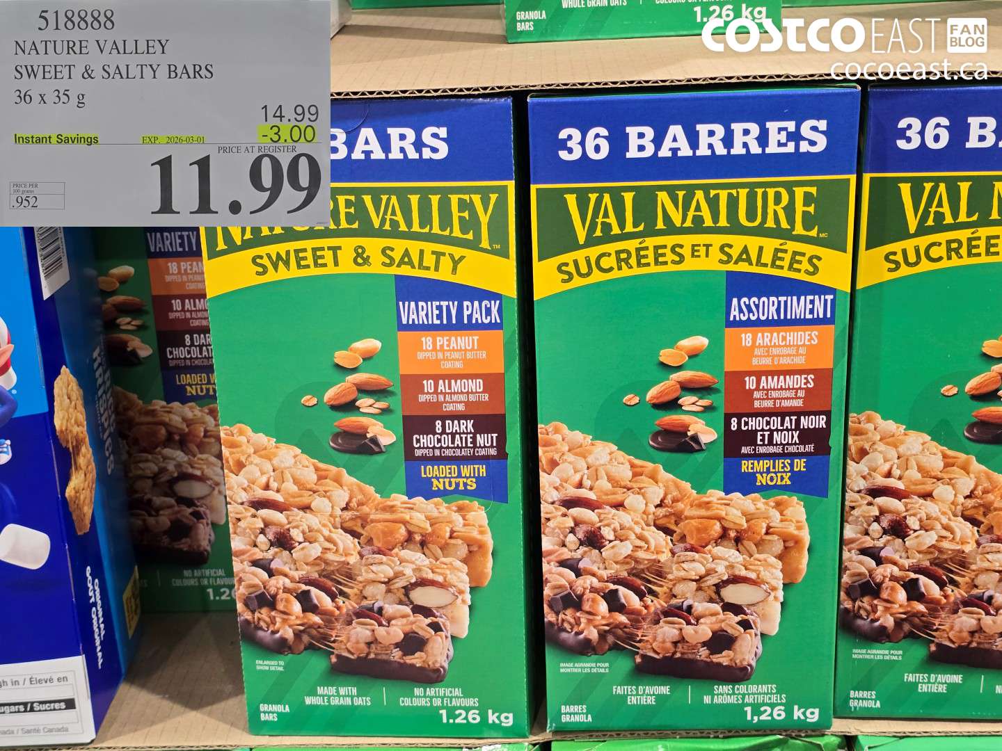 518888 NATURE VALLEY SWEET & SALTY BARS 36 x 35 g ($3.00 INSTANT SAVINGS EXPIRES ON 2026-03-01) $11.99