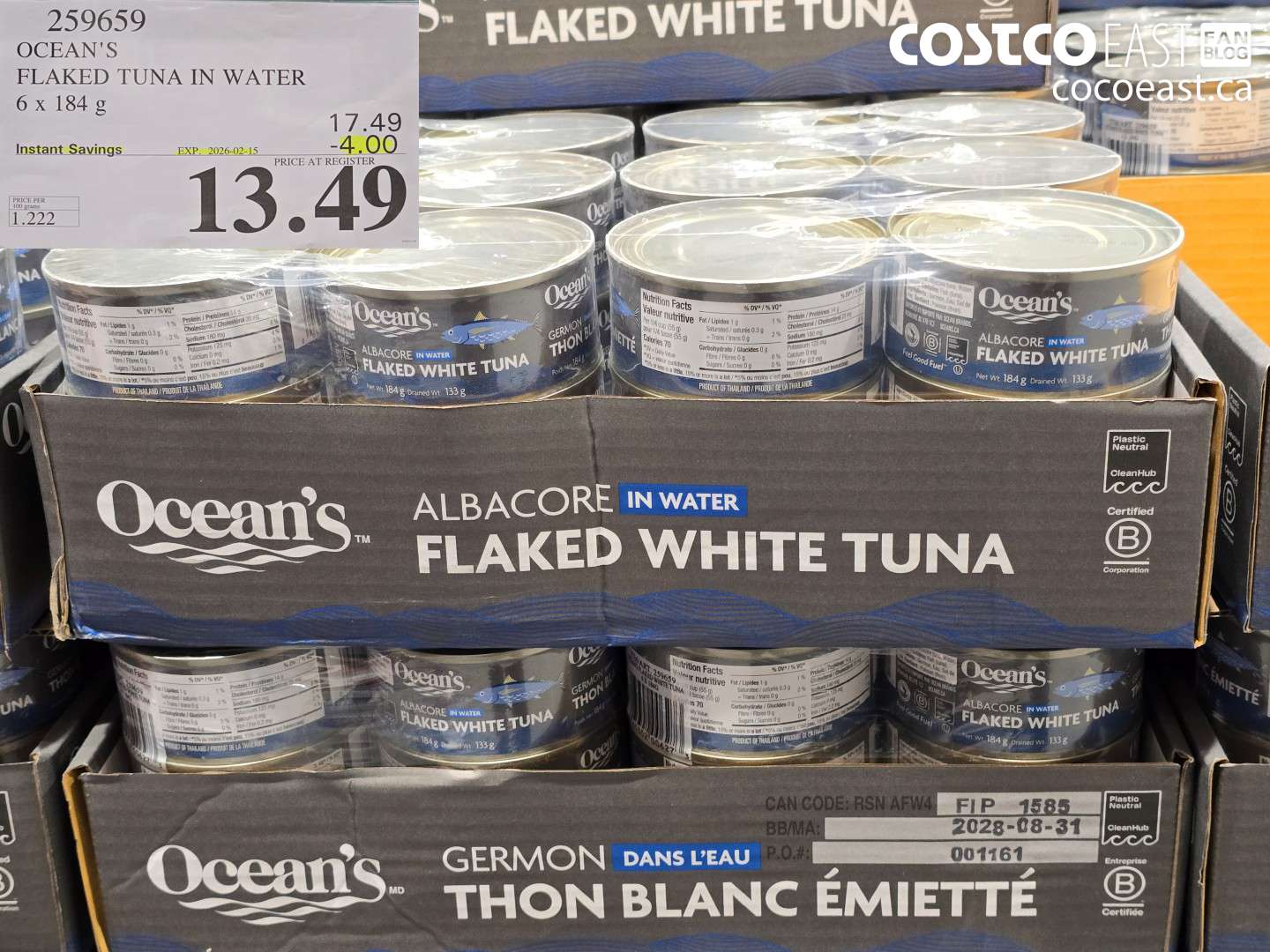 259659 OCEAN'S FLAKED TUNA IN WATER 6 x 184 G ($4.00 INSTANT SAVINGS EXPIRES ON 2026-02-15) $13.49
