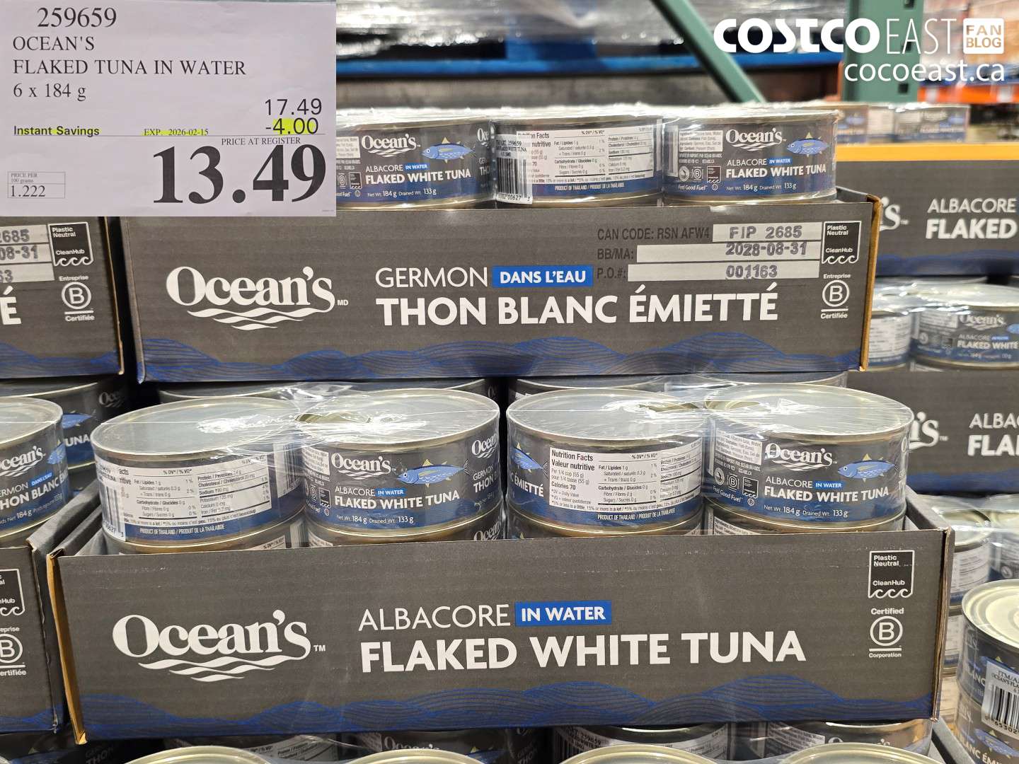 259659 OCEAN'S FLAKED TUNA IN WATER 6 x 184 G ($4.00 INSTANT SAVINGS EXPIRES ON 2026-02-15) $13.49