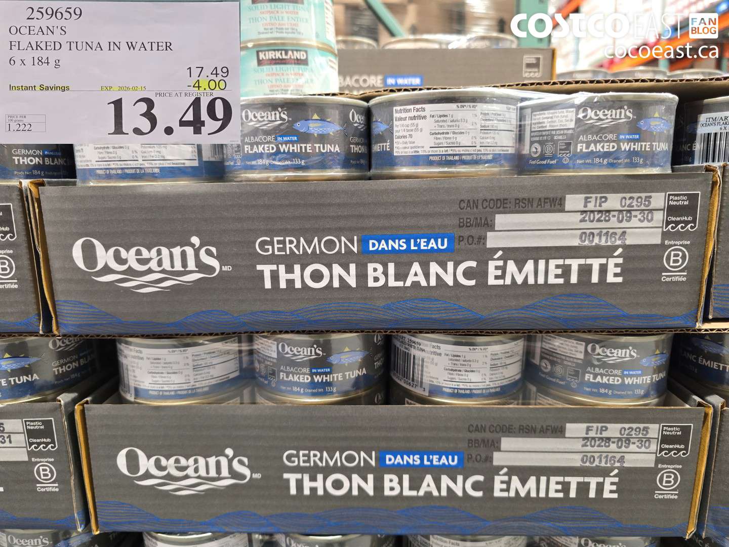 259659 OCEAN'S FLAKED TUNA IN WATER 6 x 184 g ($4.00 INSTANT SAVINGS EXPIRES ON 2026-02-15) $13.40