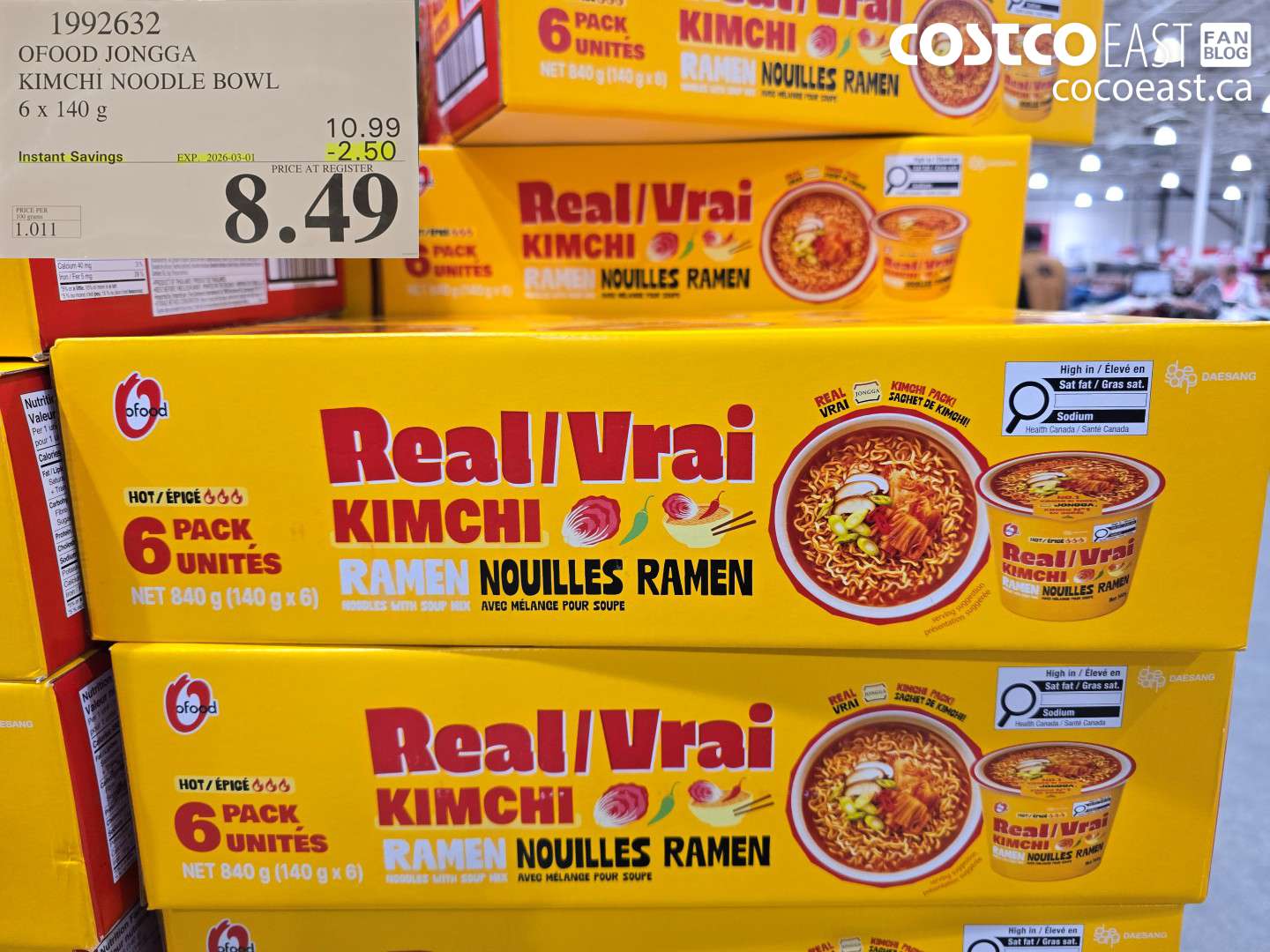 1992632 OFOD JONGGA KIMCHI NOODLE BOWL 6 x 140 g ($2.50 INSTANT SAVINGS EXPIRES ON 2026-03-01) $8.49