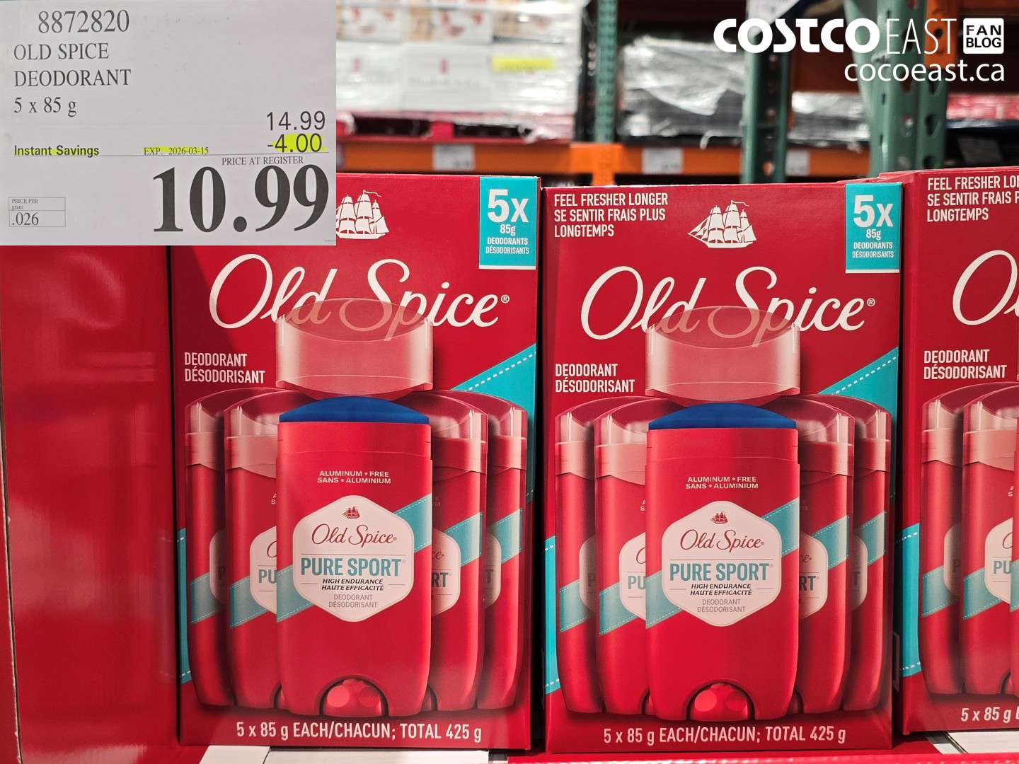 8872820 OLD SPICE DEODORANT 5 x 85 g ($4.00 INSTANT SAVINGS EXPIRES ON 2026-03-15) $10.99