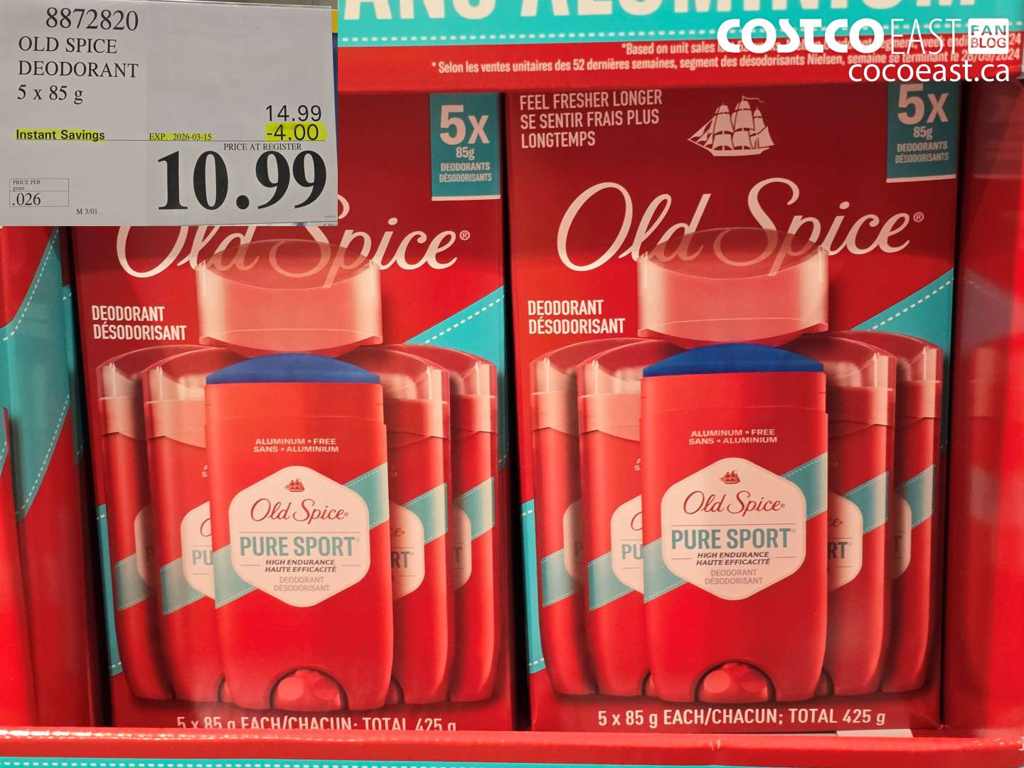 8872820 OLD SPICE DEODORANT 5 x 85 g ($4.00 INSTANT SAVINGS EXPIRES ON 2026-03-15) $10.99