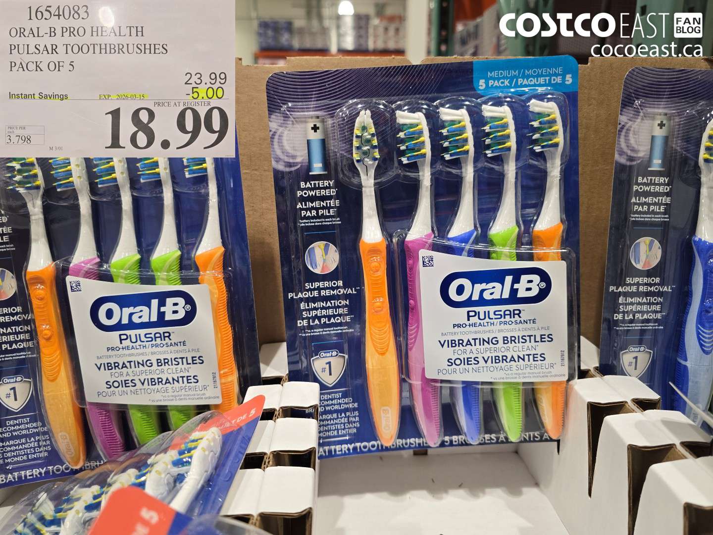 1654083 ORAL-B PRO HEALTH PULSAR TOOTHBRUSHES PACK OF 5 ($5.00 INSTANT SAVINGS EXPIRES ON 2026-03-15) $18.99